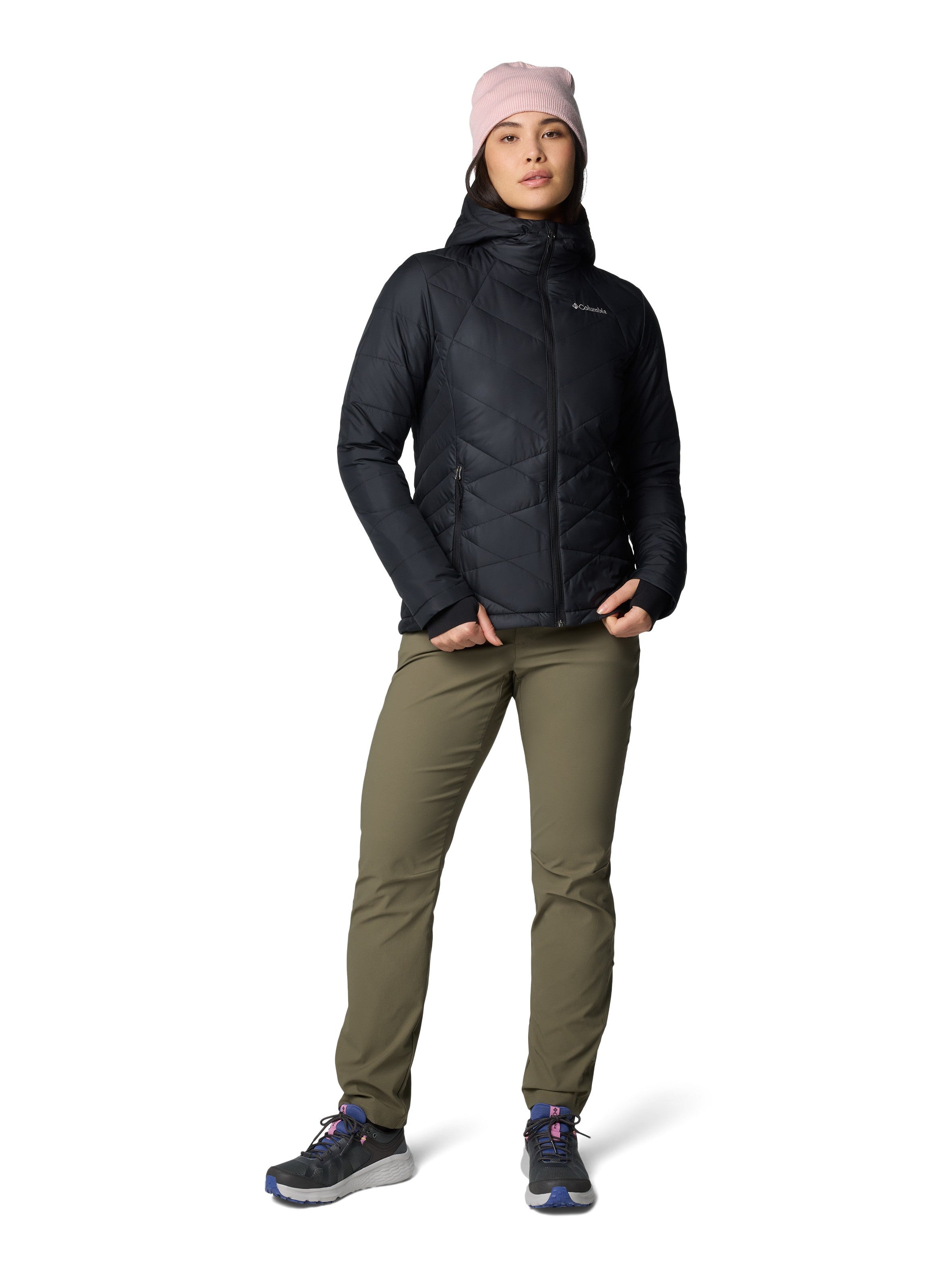 Columbia Heavenly Short Hooded Omni-Heat Jacket in black styled with olive pants and a pink beanie, outdoor jacket by Columbia.