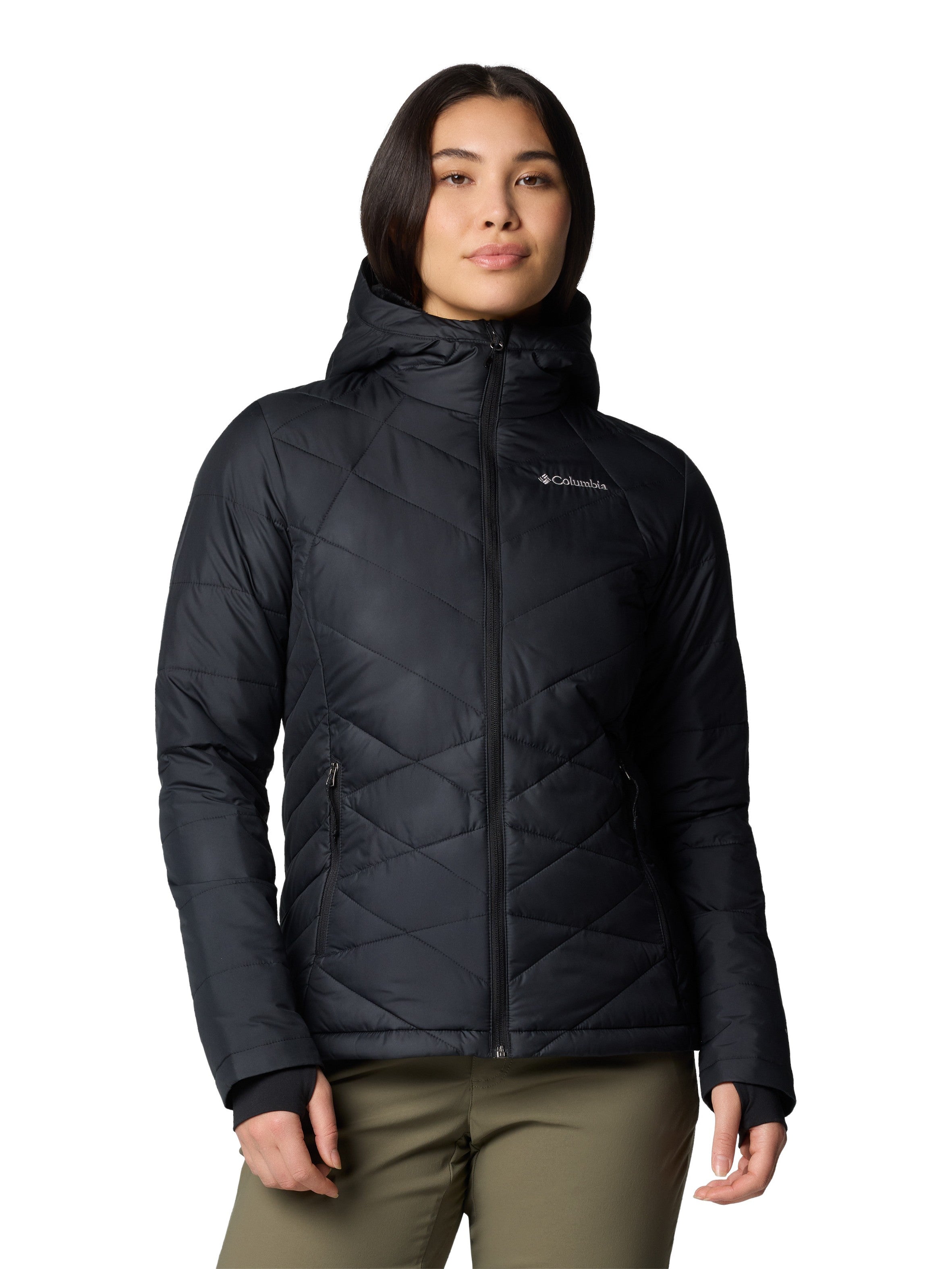 Columbia Heavenly Short Hooded Omni-Heat Jacket in black, lightweight insulated outerwear with zippered pockets and hood.