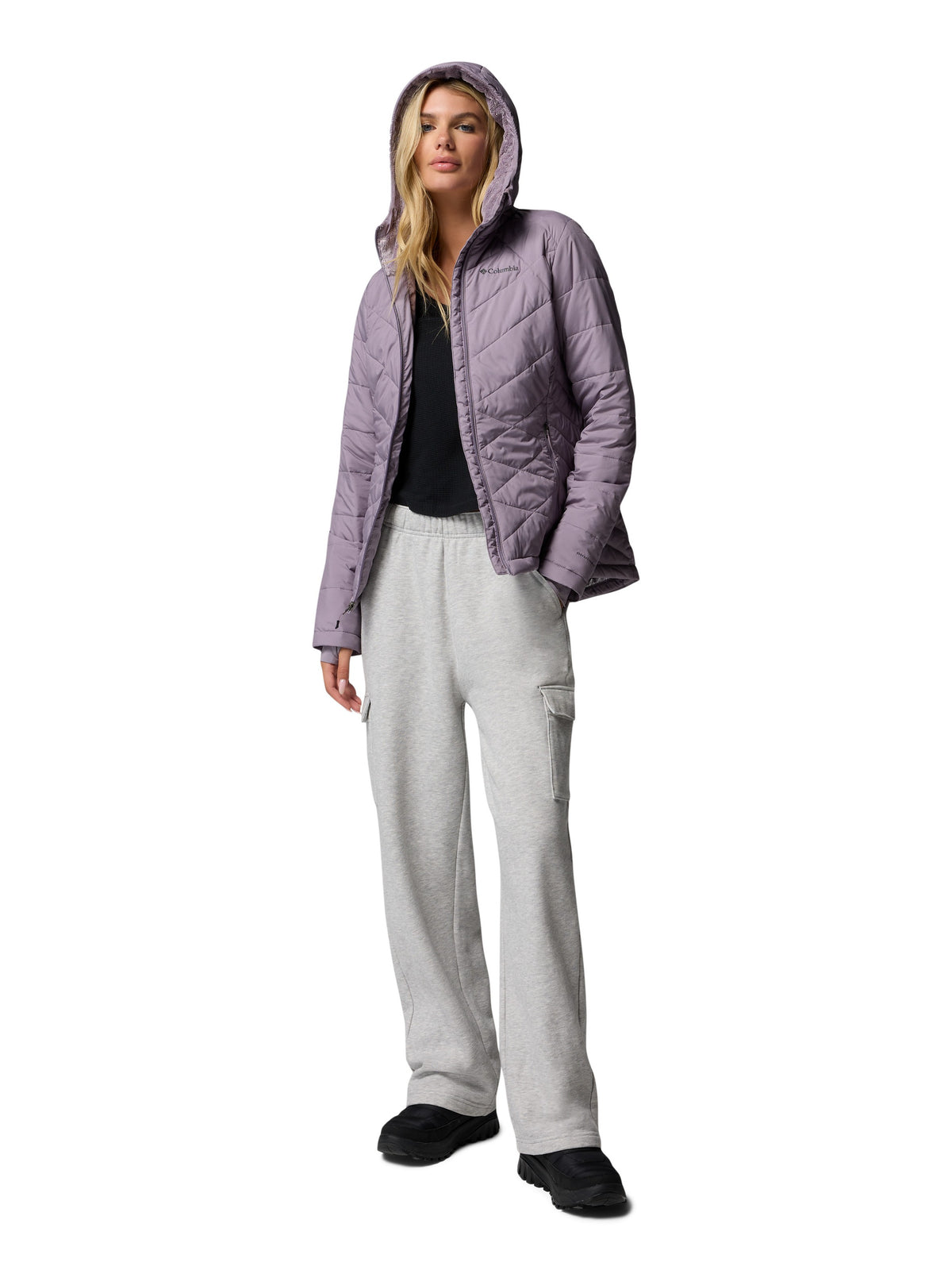Columbia Heavenly Short Hooded Omni-Heat Jacket in mauve, stylish insulated outerwear for cold weather comfort.
