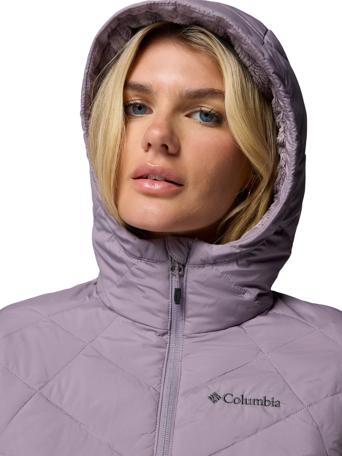 Close-up of a lavender Columbia Heavenly Short Hooded Omni-Heat Jacket with fleece-lined hood and zipper front closure