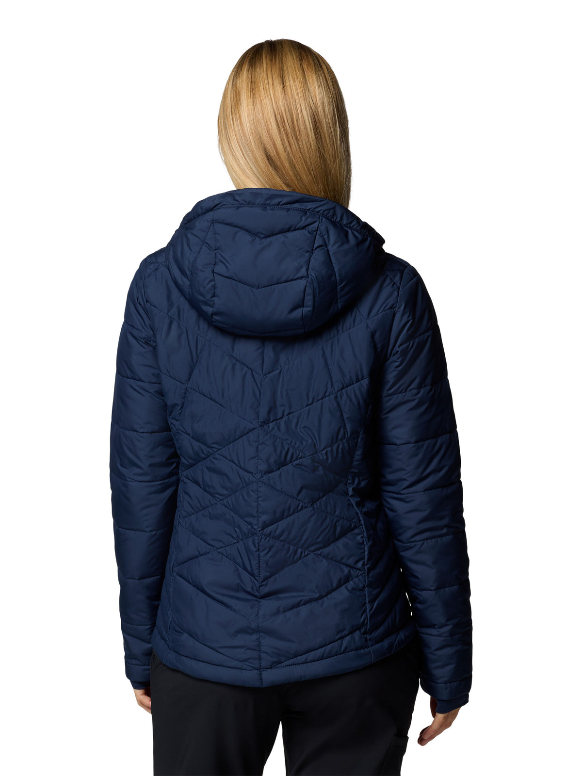 Columbia Heavenly Short Hooded Omni-Heat Jacket in navy blue insulated outerwear with hood shown from the back