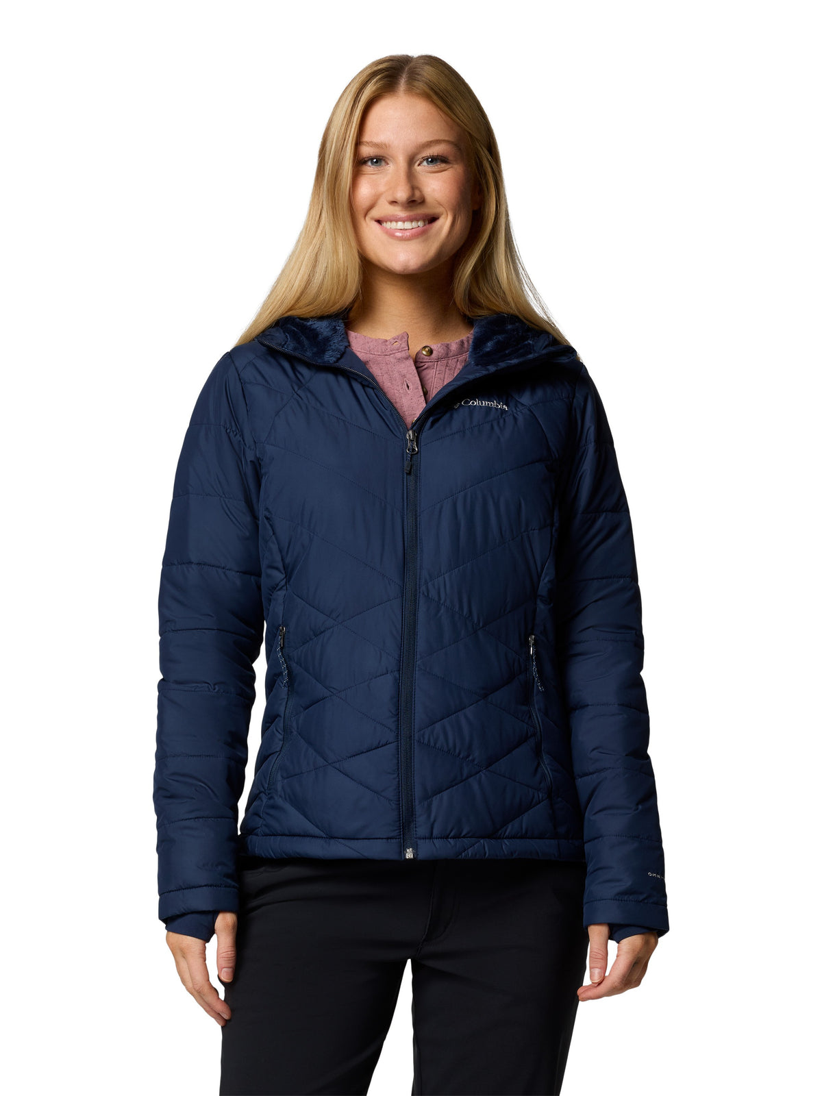Columbia Heavenly Short Hooded Omni-Heat Jacket in navy, lightweight insulated outerwear for cold weather comfort