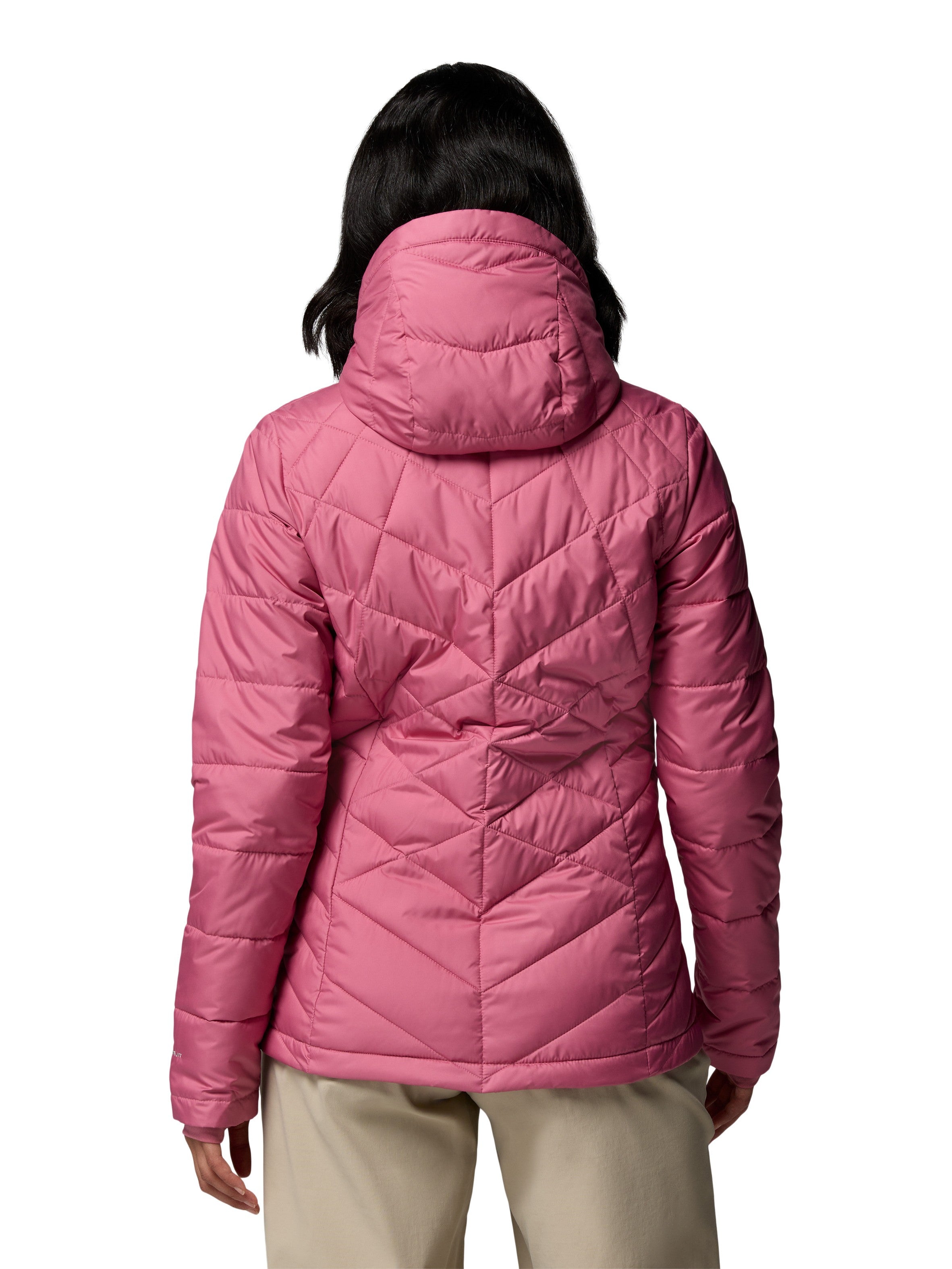 Back view of Columbia Heavenly Short Hooded Omni-Heat Jacket in pink quilted outerwear design.
