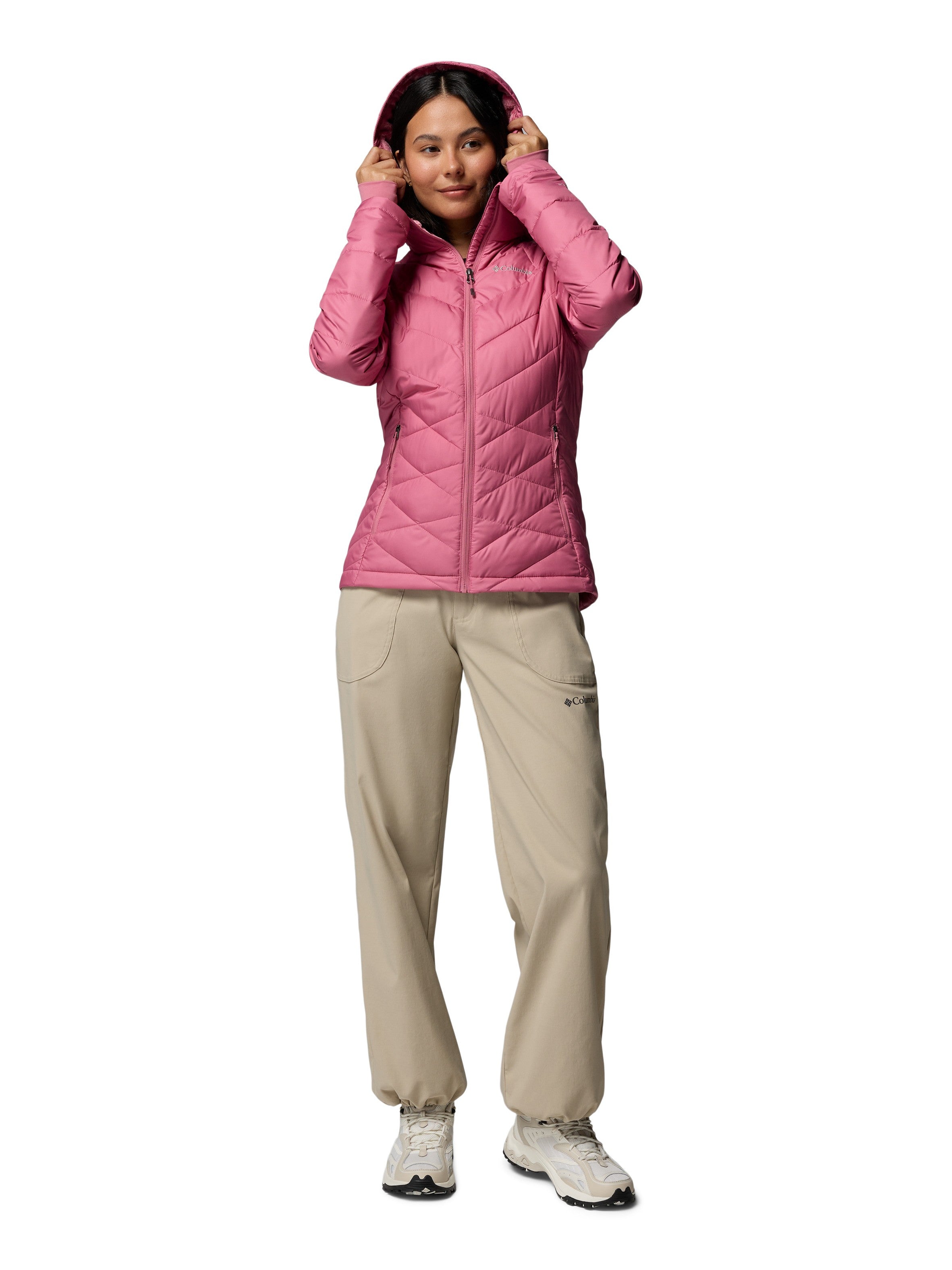 Columbia Heavenly Short Hooded Omni-Heat Jacket in pink, lightweight insulated outerwear jacket with hood by Columbia