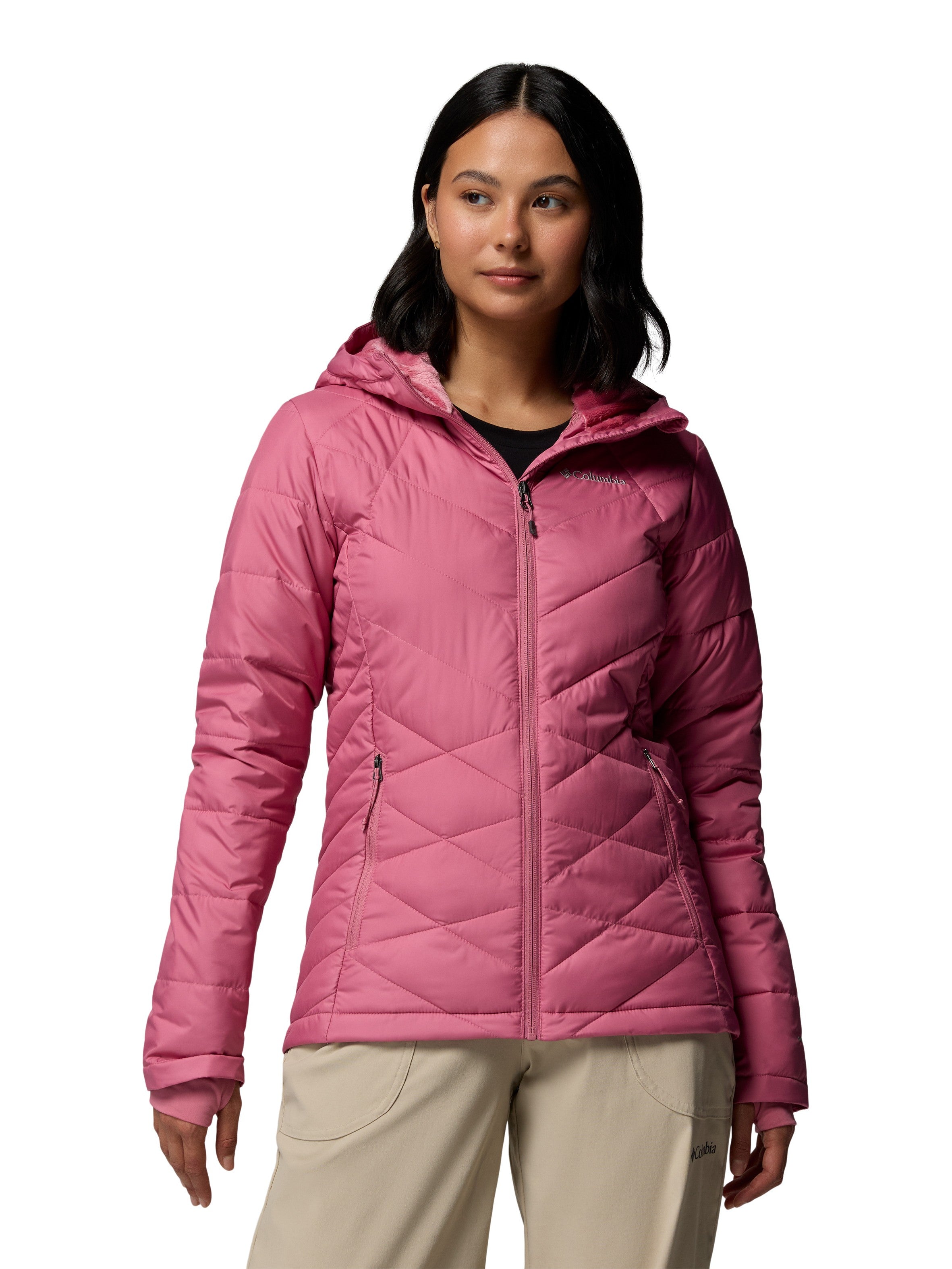 Columbia Heavenly Short Hooded Omni-Heat Jacket in rose pink, lightweight insulated outdoor jacket by Columbia.