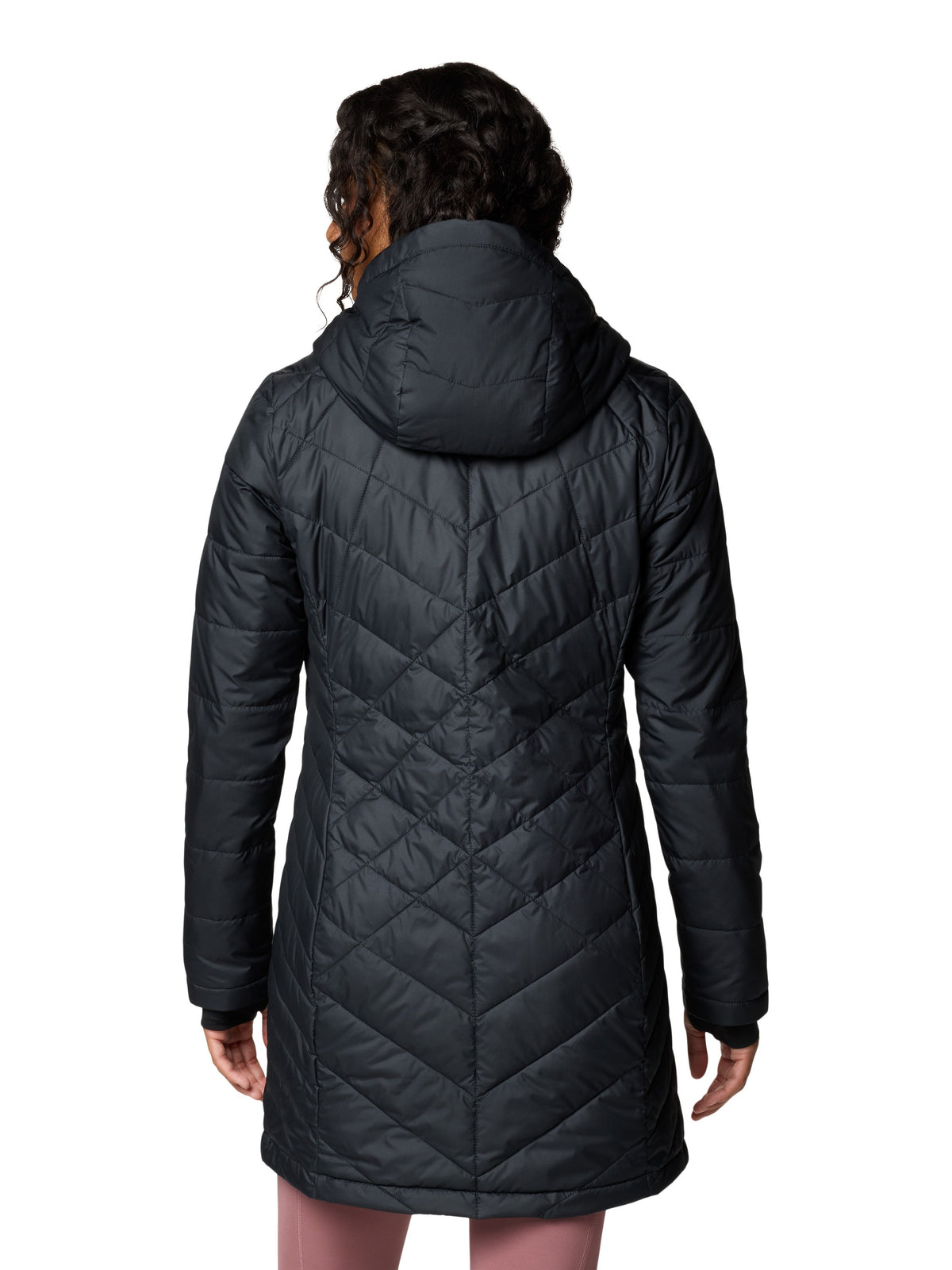 Back view of black Columbia Heavenly 3/4 Length Hooded Omni-Heat Jacket, lightweight insulated outerwear with hood.