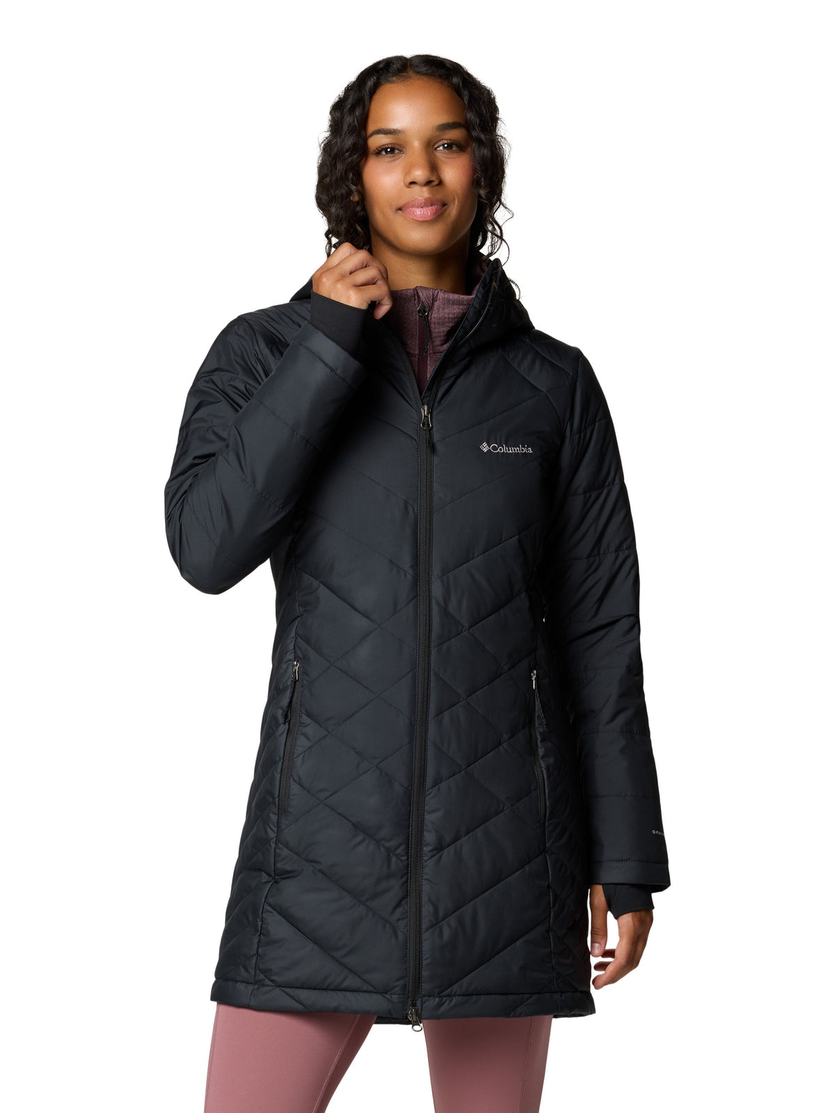 Columbia Heavenly 3/4 Length Hooded Omni-Heat Jacket in black, lightweight insulated outerwear jacket with hood