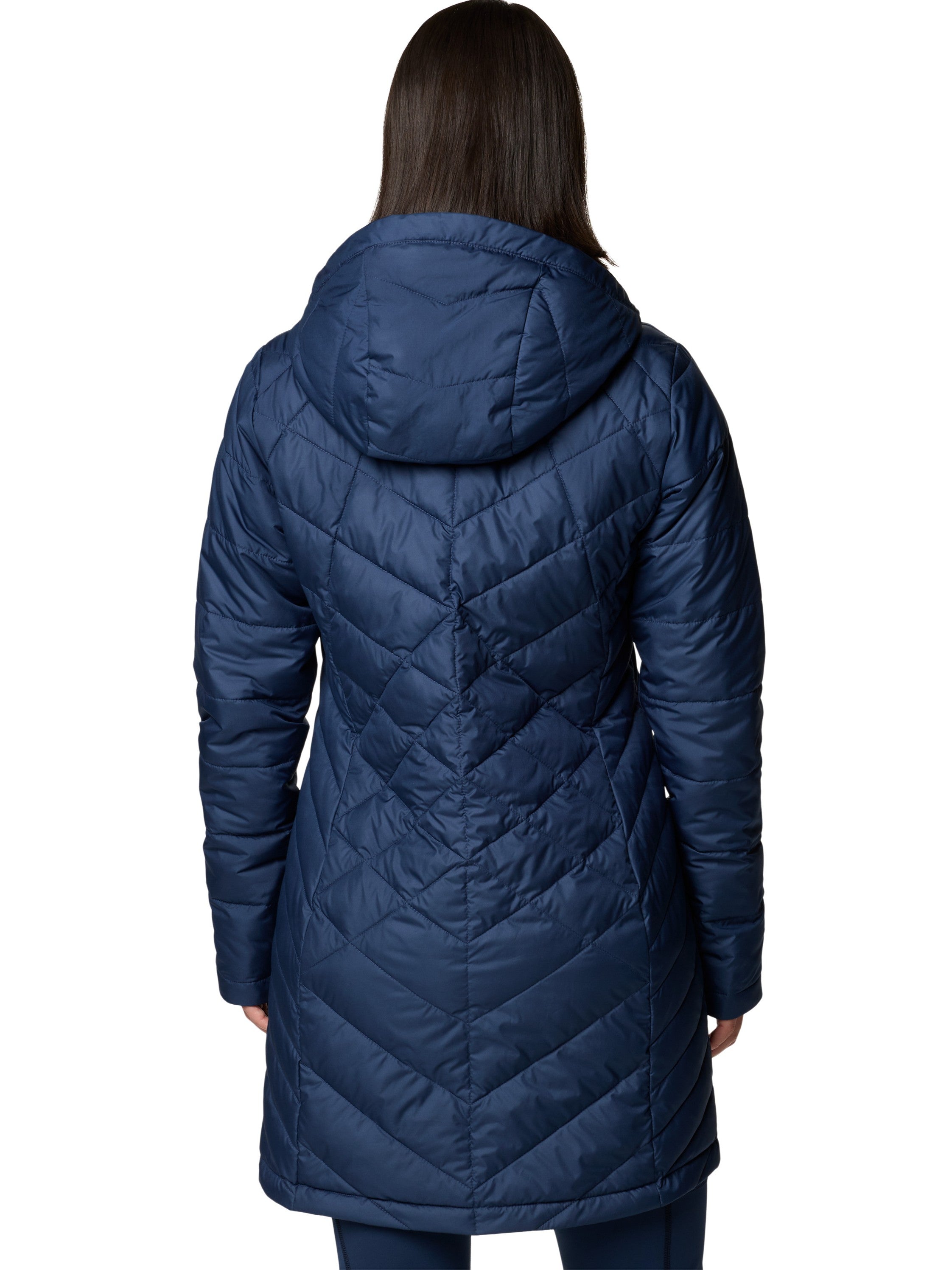 Columbia Heavenly 3/4 Length Hooded Omni-Heat Jacket in navy blue, quilted outerwear with hood shown from back