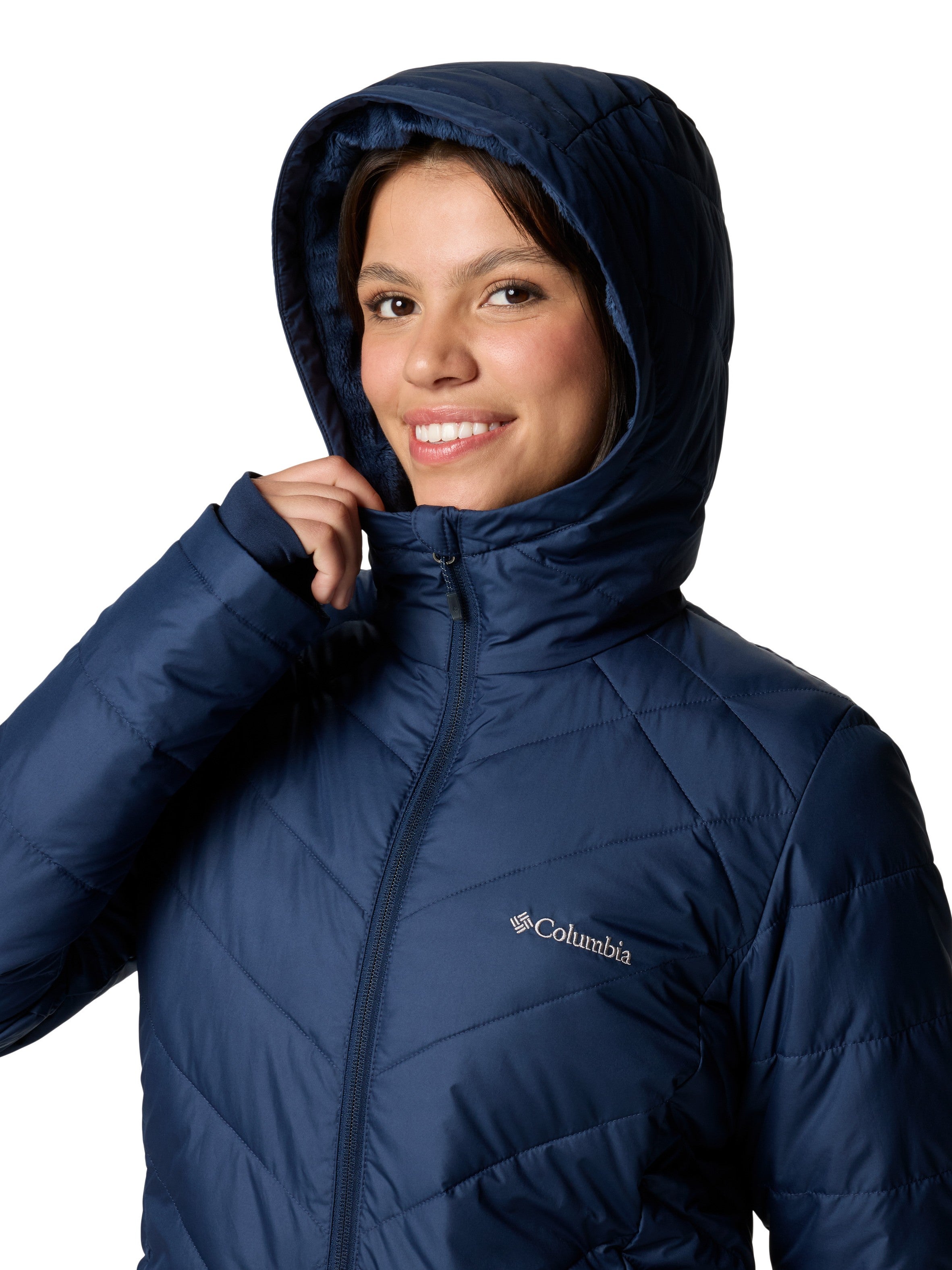 Columbia Heavenly 3/4 Length Hooded Omni-Heat Jacket in navy blue insulated outerwear with hood and high collar