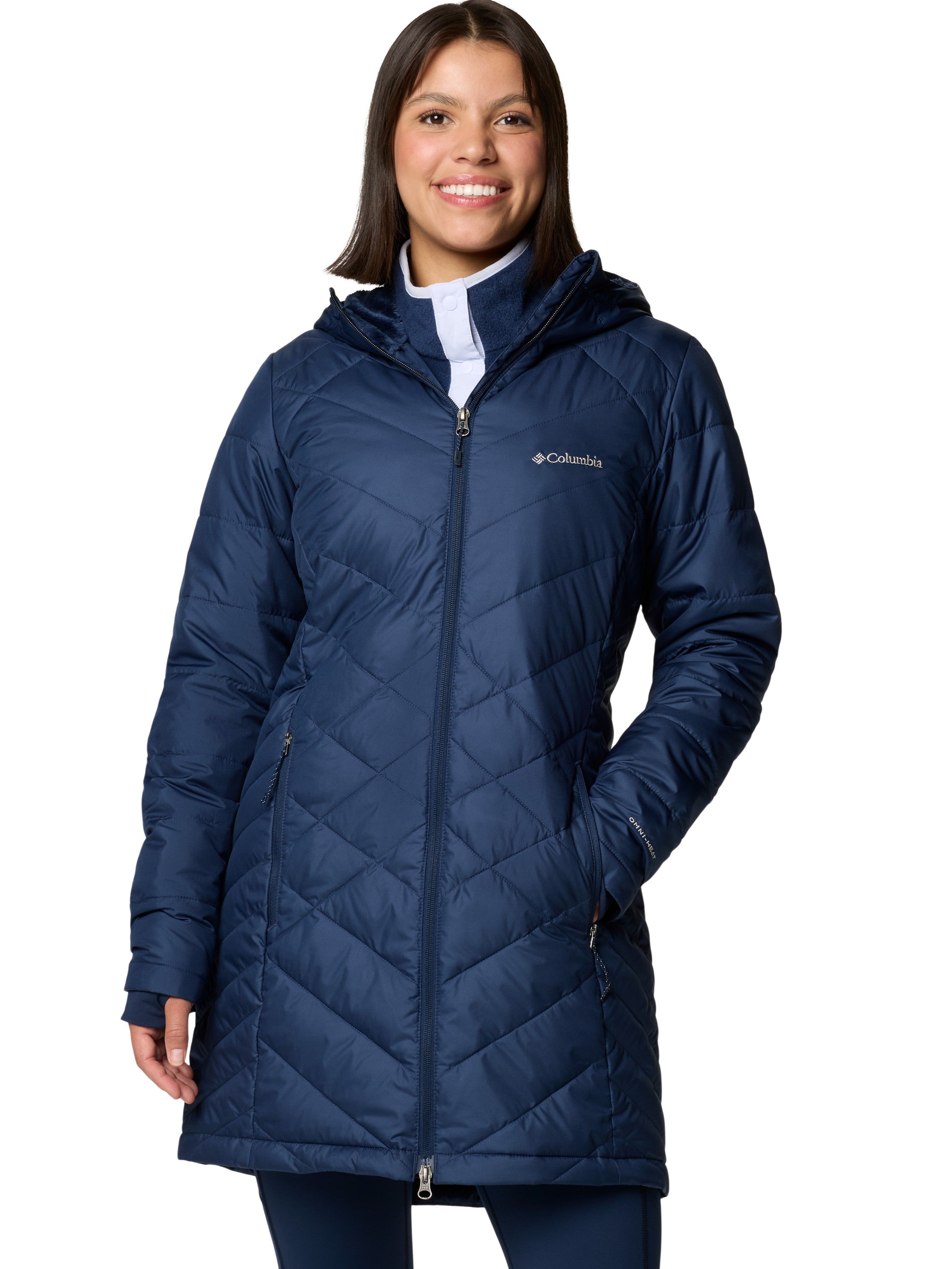 Columbia Heavenly 3/4 Length Hooded Omni-Heat Jacket in navy blue, insulated with zip pockets and hood.