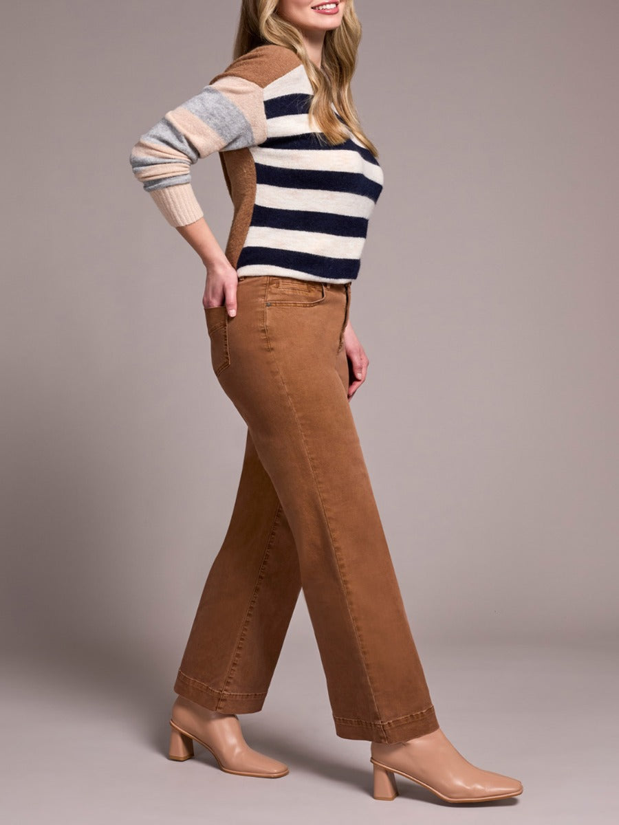 Tribal 5 Pocket 30" Wide Leg Pants in rust brown styled with a cozy striped sweater by Tribal Sportswear Inc.