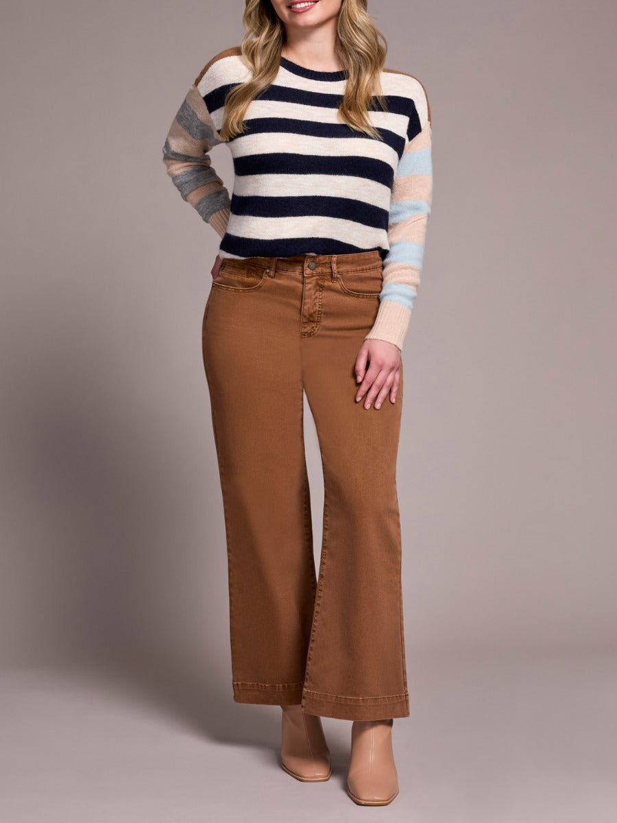 Tribal 5 Pocket 30" Wide Leg Pants in rust brown styled with a striped sweater by Tribal Sportswear Inc.