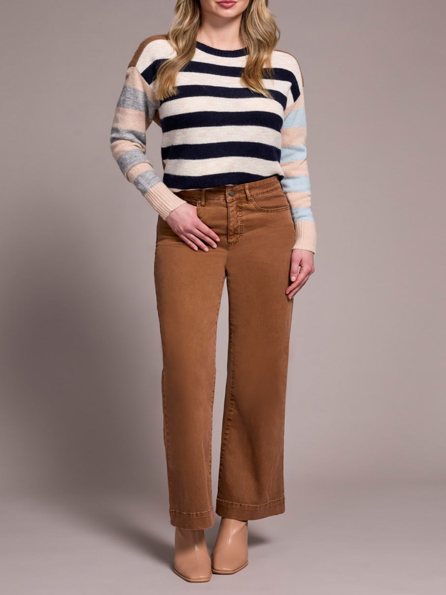 Tribal 5 Pocket 30" Wide Leg Pants in rust brown paired with striped sweater by Tribal Sportswear Inc.