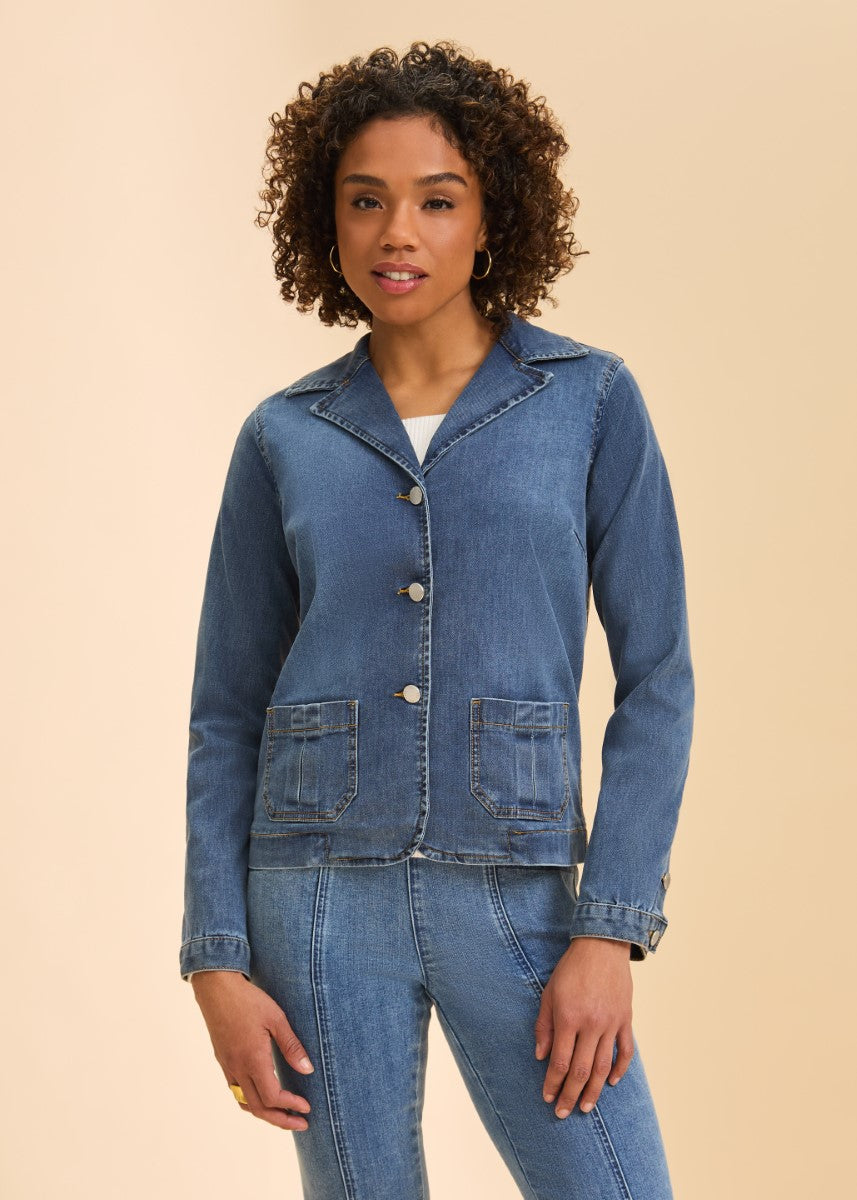 Classic blue FDJ Denim Blazer by French Dressing with button front and patch pockets, styled with matching denim pants