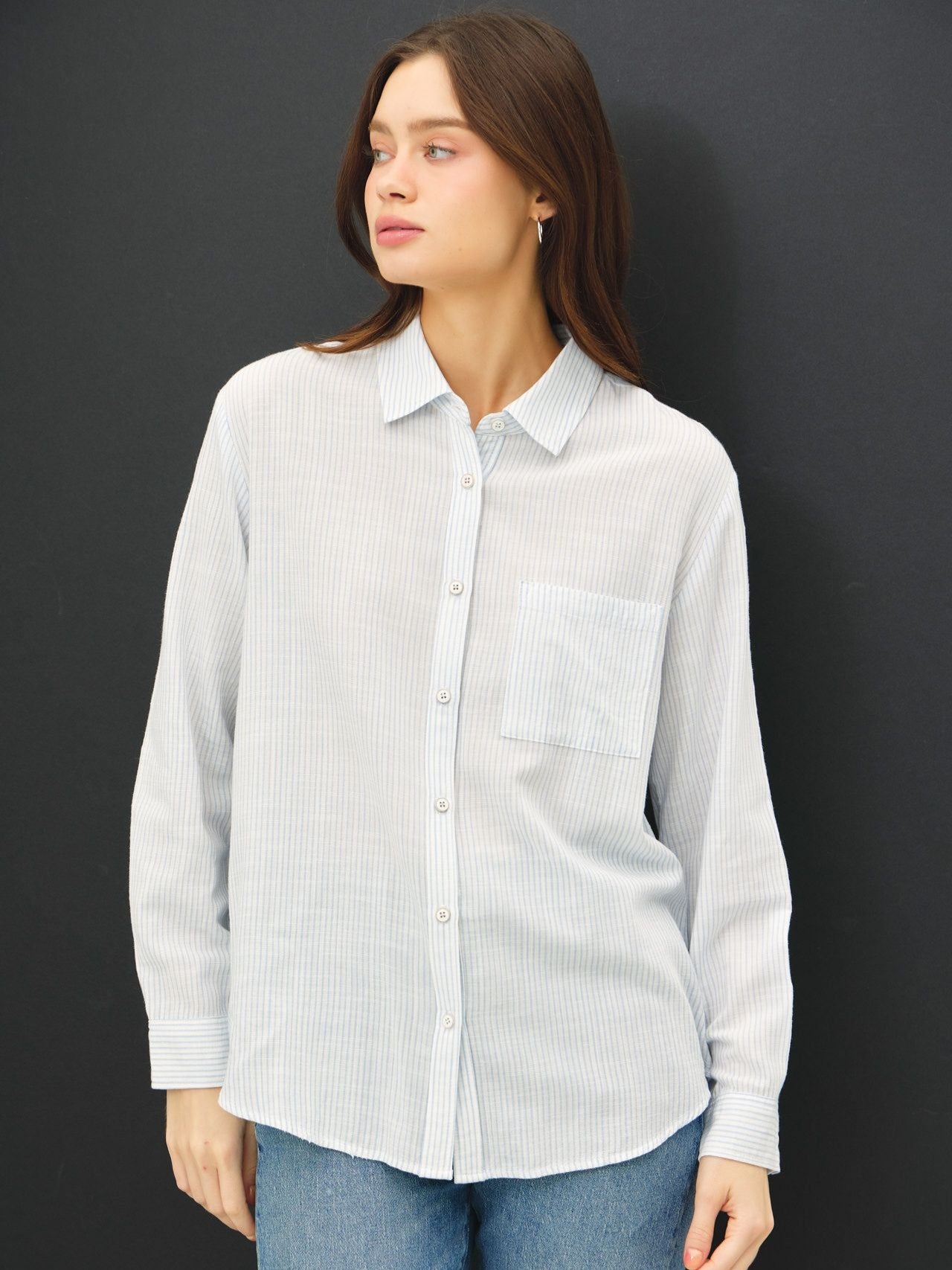 Be Cool Pinstripe Cotton Pocket Button-Up Shirt in light blue cotton with fine vertical stripes and front pocket detail