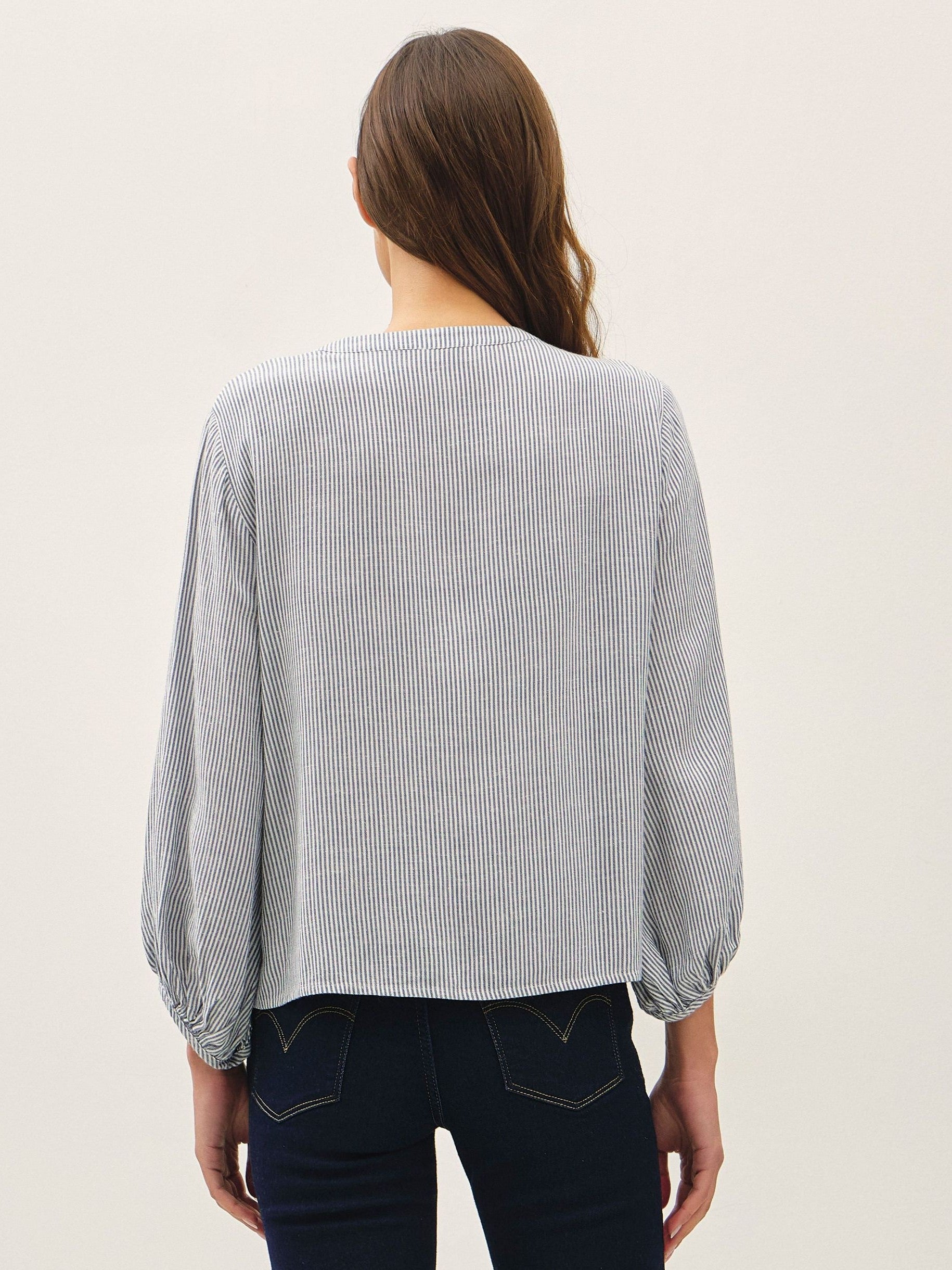 Back view of a long sleeve white and blue pinstriped top paired with dark blue denim jeans.