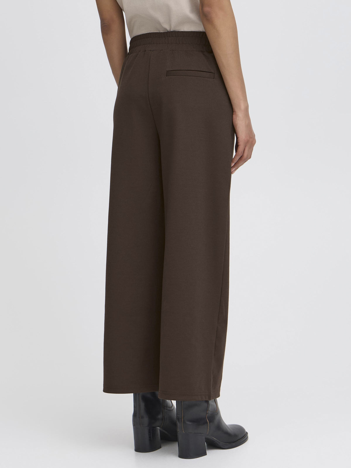 Back view of brown wide-leg trousers with a white top and black heeled boots