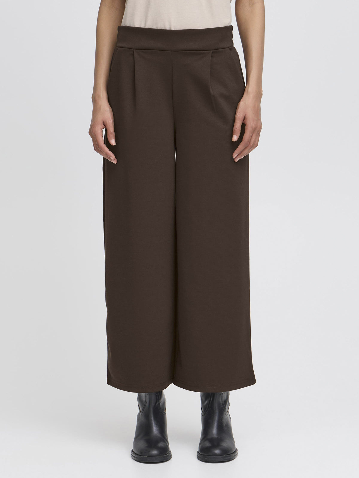 Ichi Kate Jersey 25” Wide Pant in dark brown with a high waist and wide leg silhouette