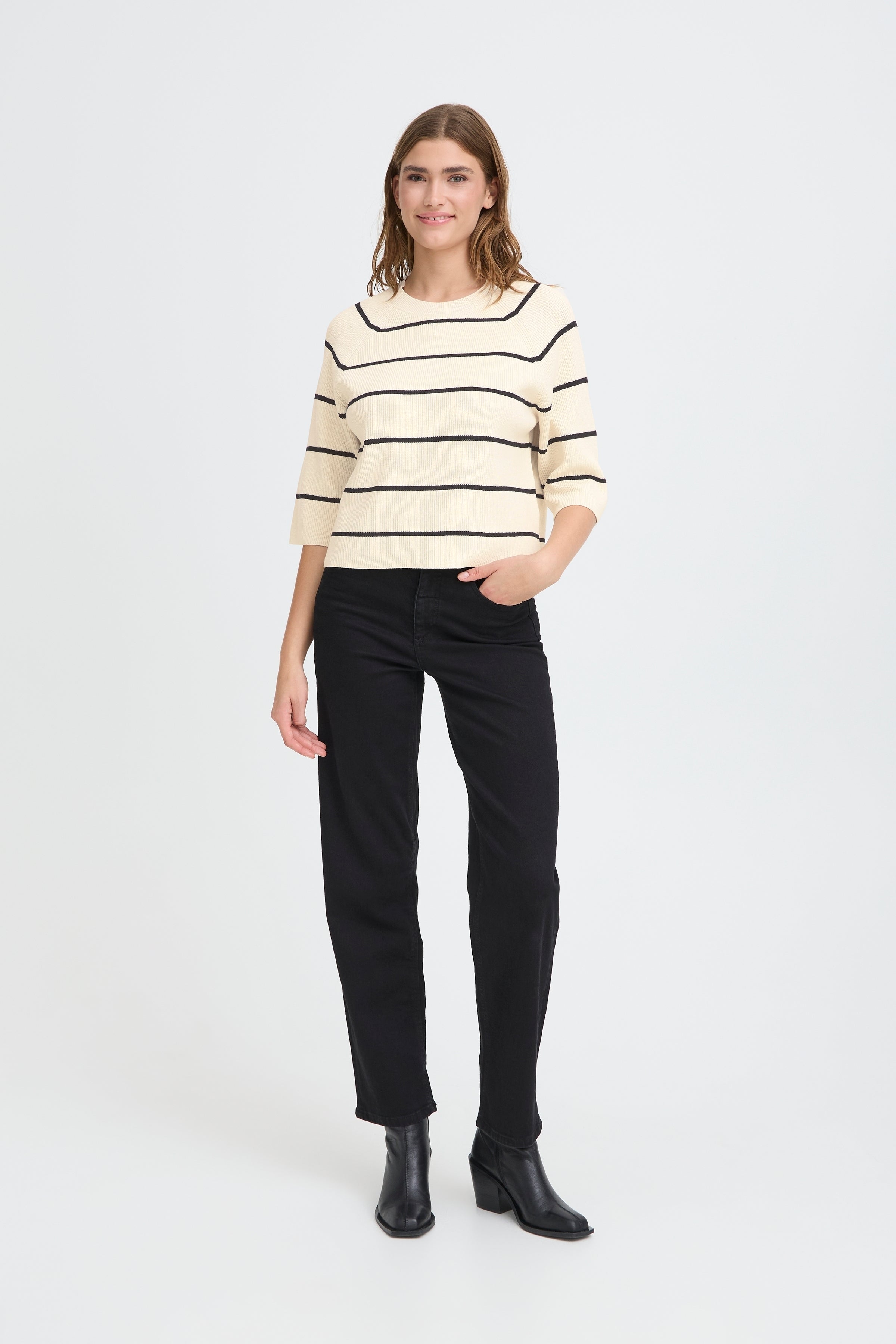 Ichi Boston ¾ Sleeve Crew Sweater in beige with black stripes paired with black pants and ankle boots by Ichi