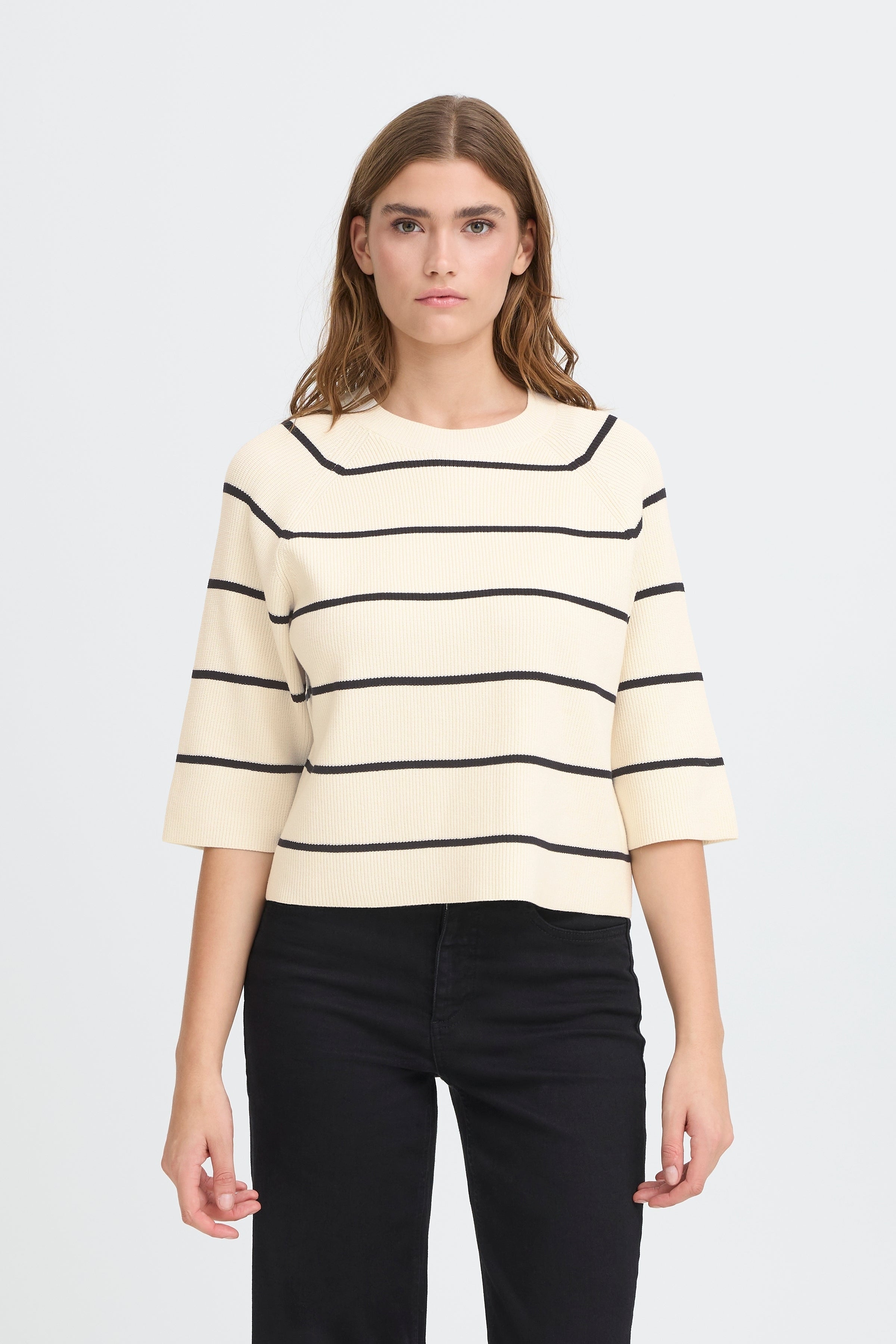 Ichi Boston ¾ Sleeve Crew Sweater in beige with black stripes, paired with black pants, from Ichi collection.