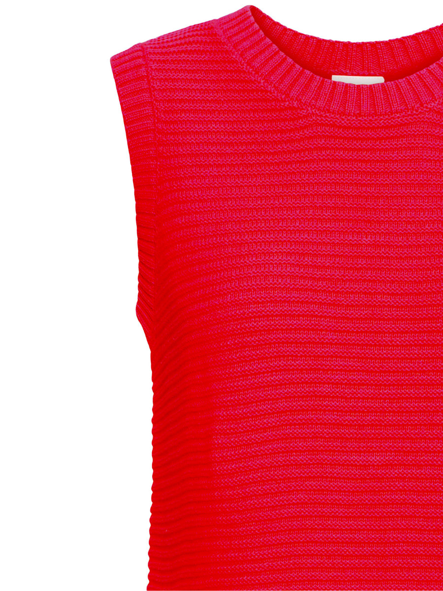 Red sleeveless knit sweater with ribbed crew neck, Ichi Dottie 3 Bow Sweater by Ichi, casual outerwear top.