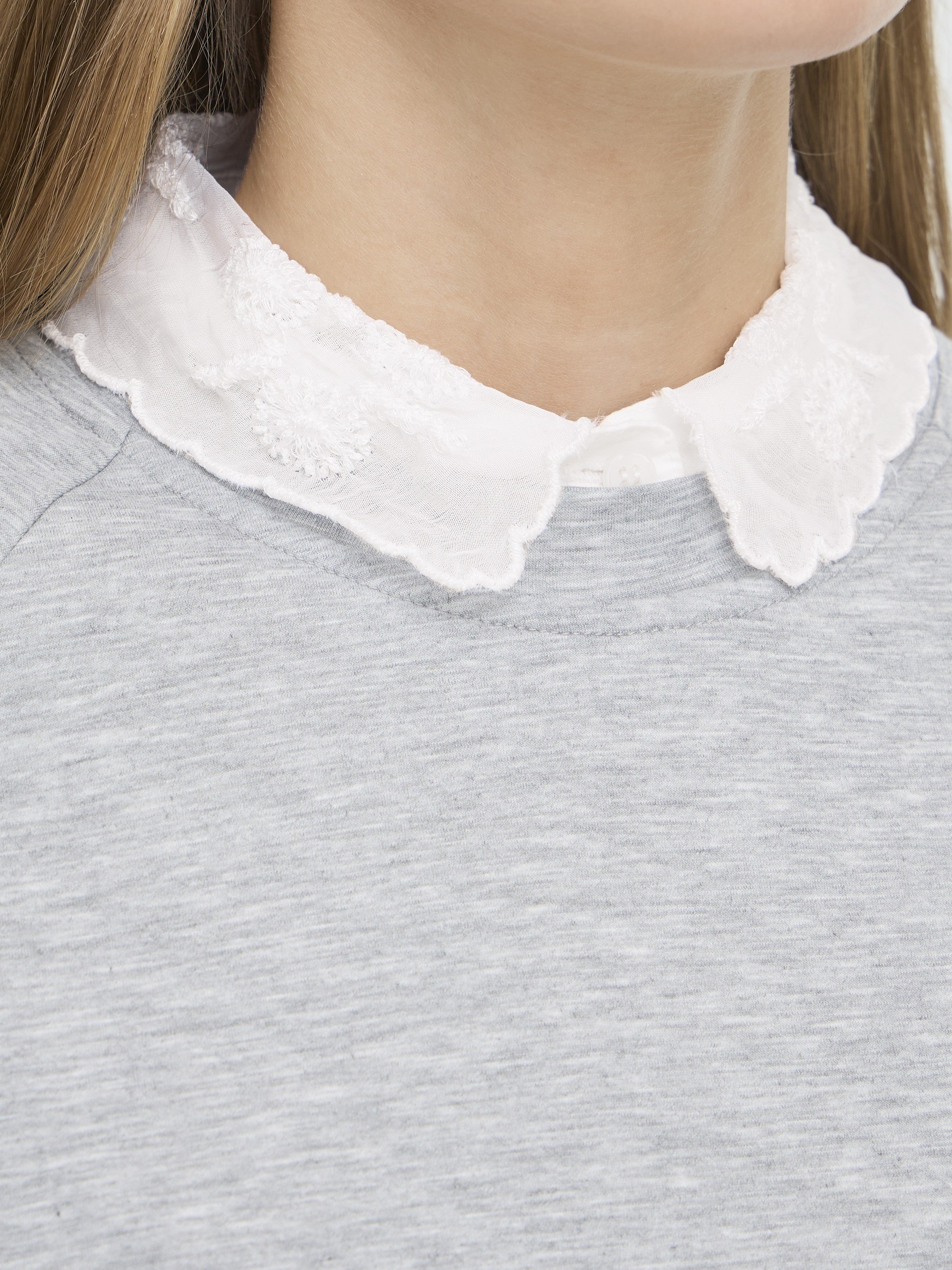 Close-up of Ichi Abeinine Embroidered Floral Collar in white, styled over a light gray top, by Ichi.