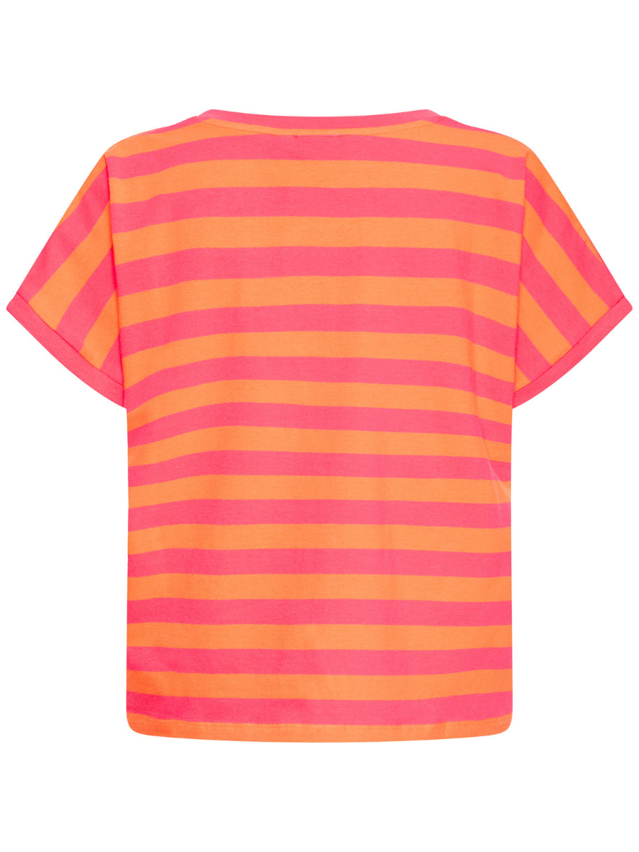 Ichi Juniper Short Sleeve Tee in bold fuchsia and orange horizontal stripes, casual cotton top by Ichi
