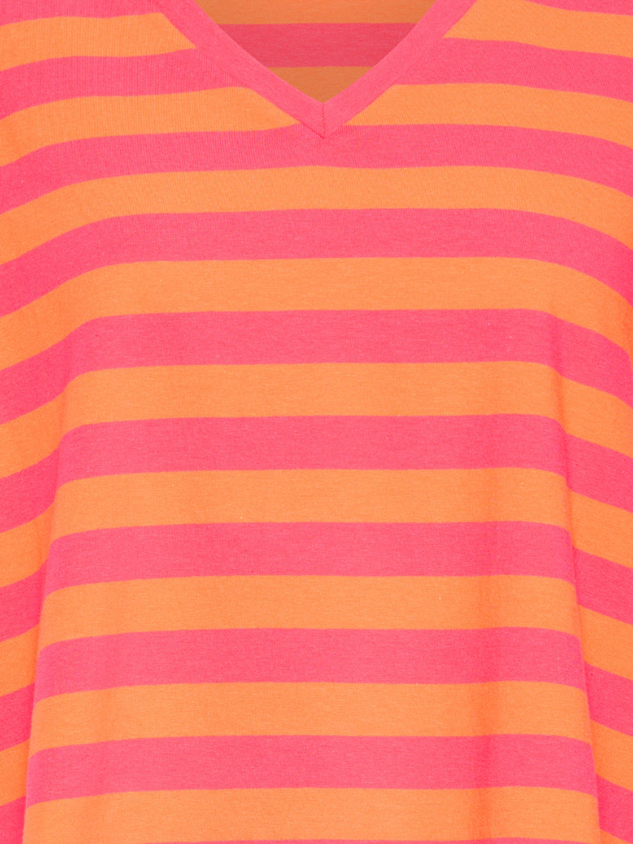 Ichi Juniper Short Sleeve Tee with horizontal orange and fuchsia stripes and a V-neck collar design