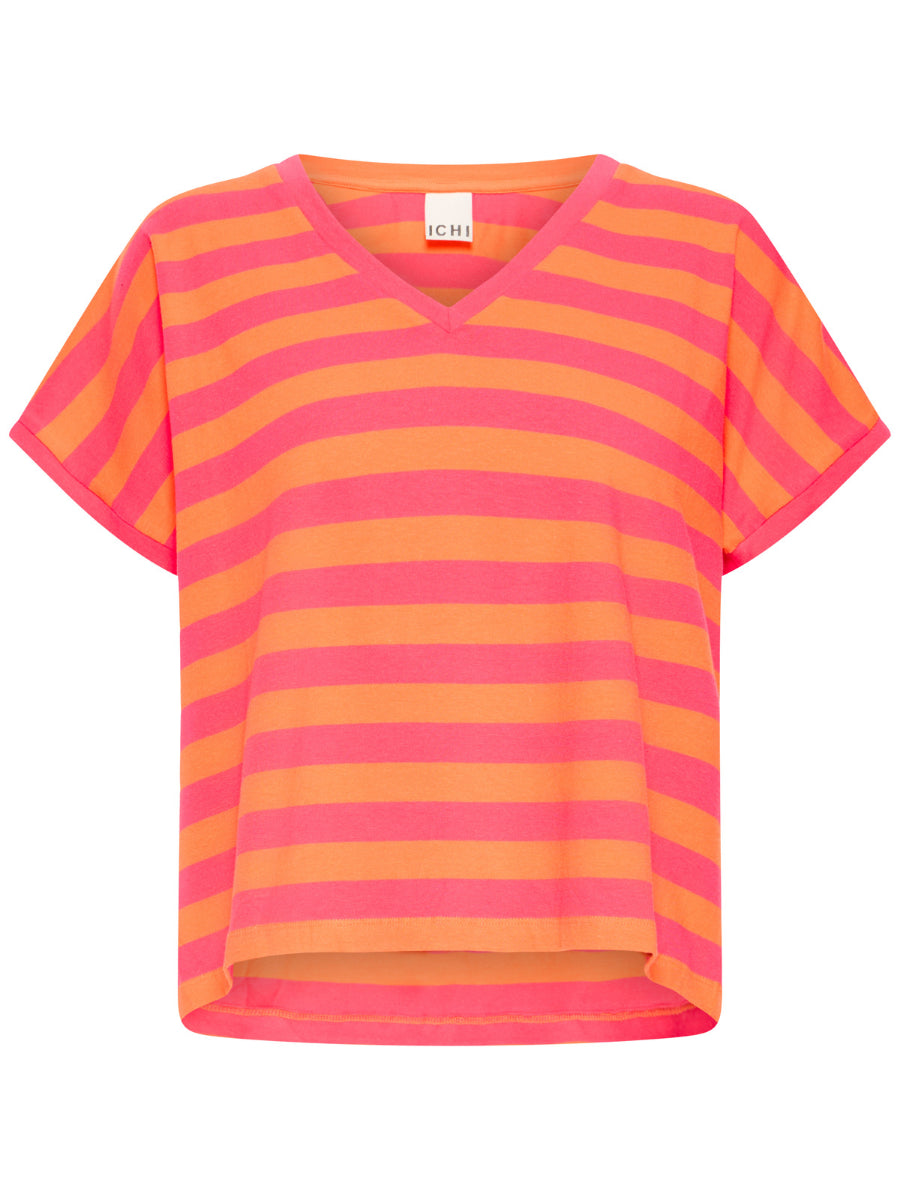 Ichi Juniper Short Sleeve Tee in pink and orange striped pattern, casual cotton top by Ichi.