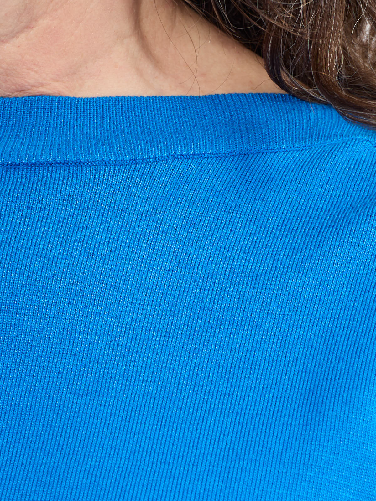 Close-up of a vibrant blue Ichi Boat Neck Sweater showcasing fine knit texture by Ichi, ideal for sweater lovers.