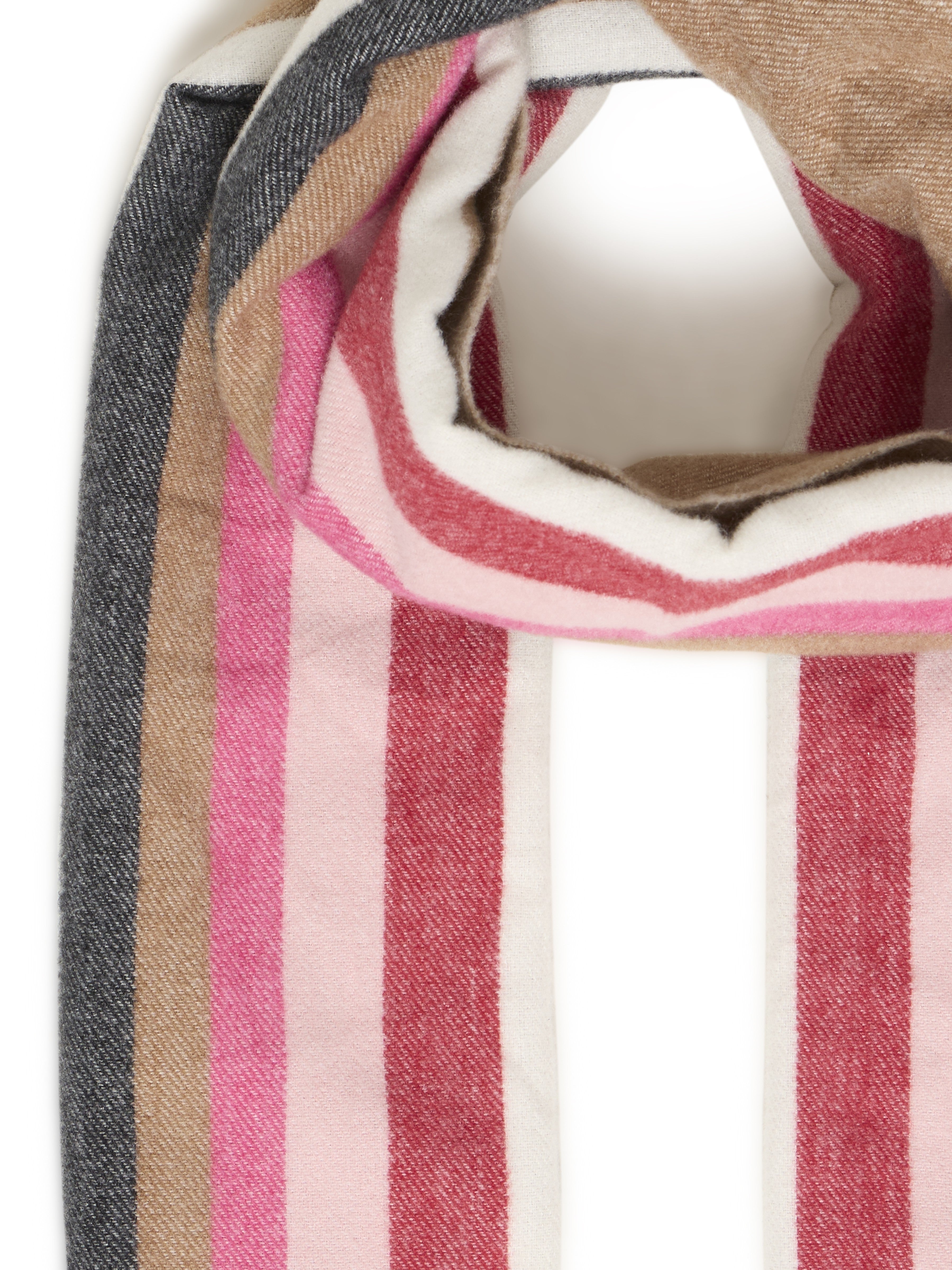 Close-up of a soft scarf with vertical stripes in pink, red, beige, white, and gray tones.