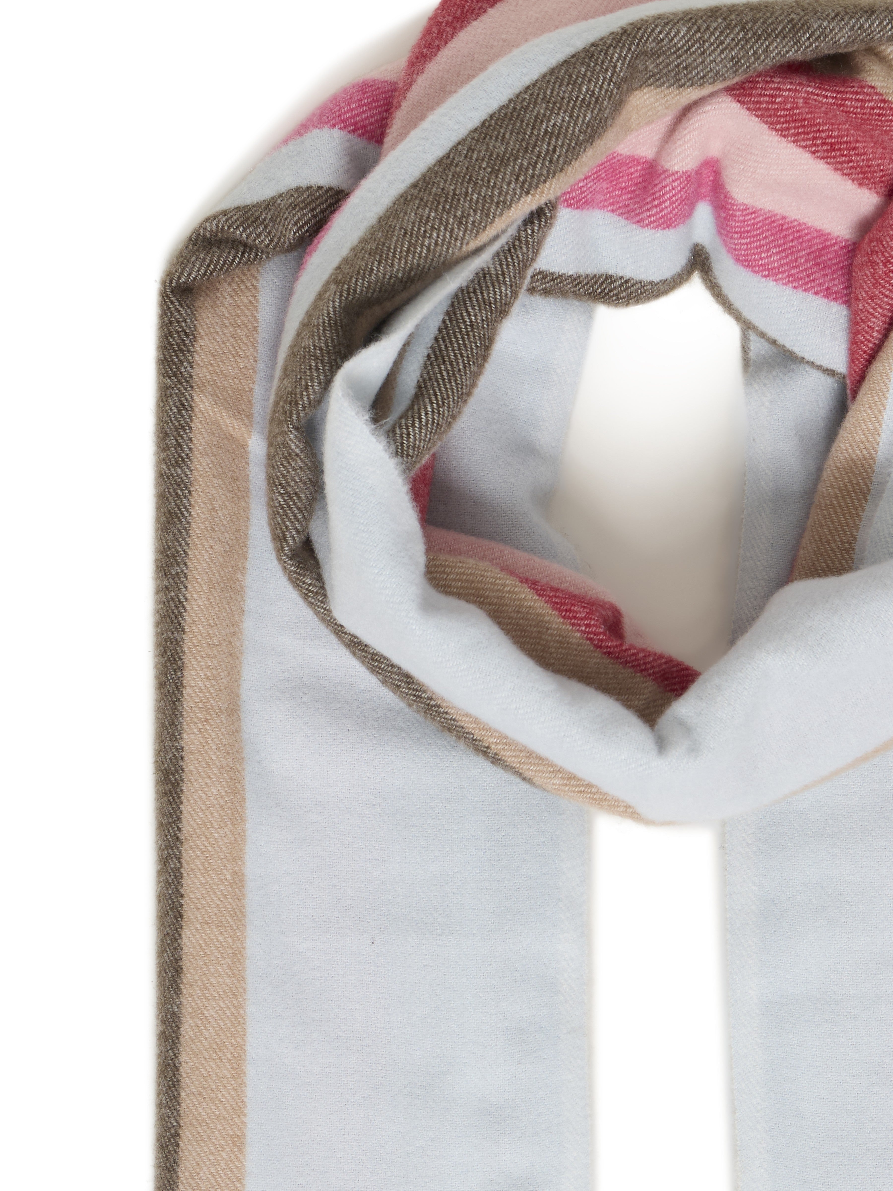Soft fabric scarf with horizontal stripes in beige, brown, pink, red, and light blue colors on a white background