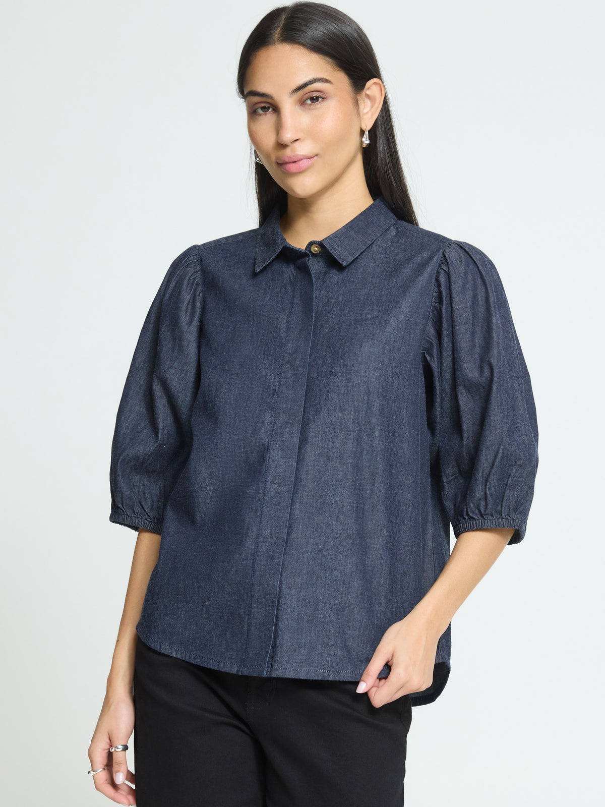 Ichi Borgie Puff Sleeve Denim Shirt