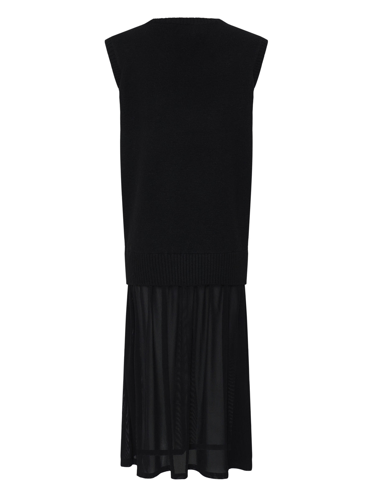 Black sleeveless knitted top paired with a sheer, pleated long skirt shown from the back.