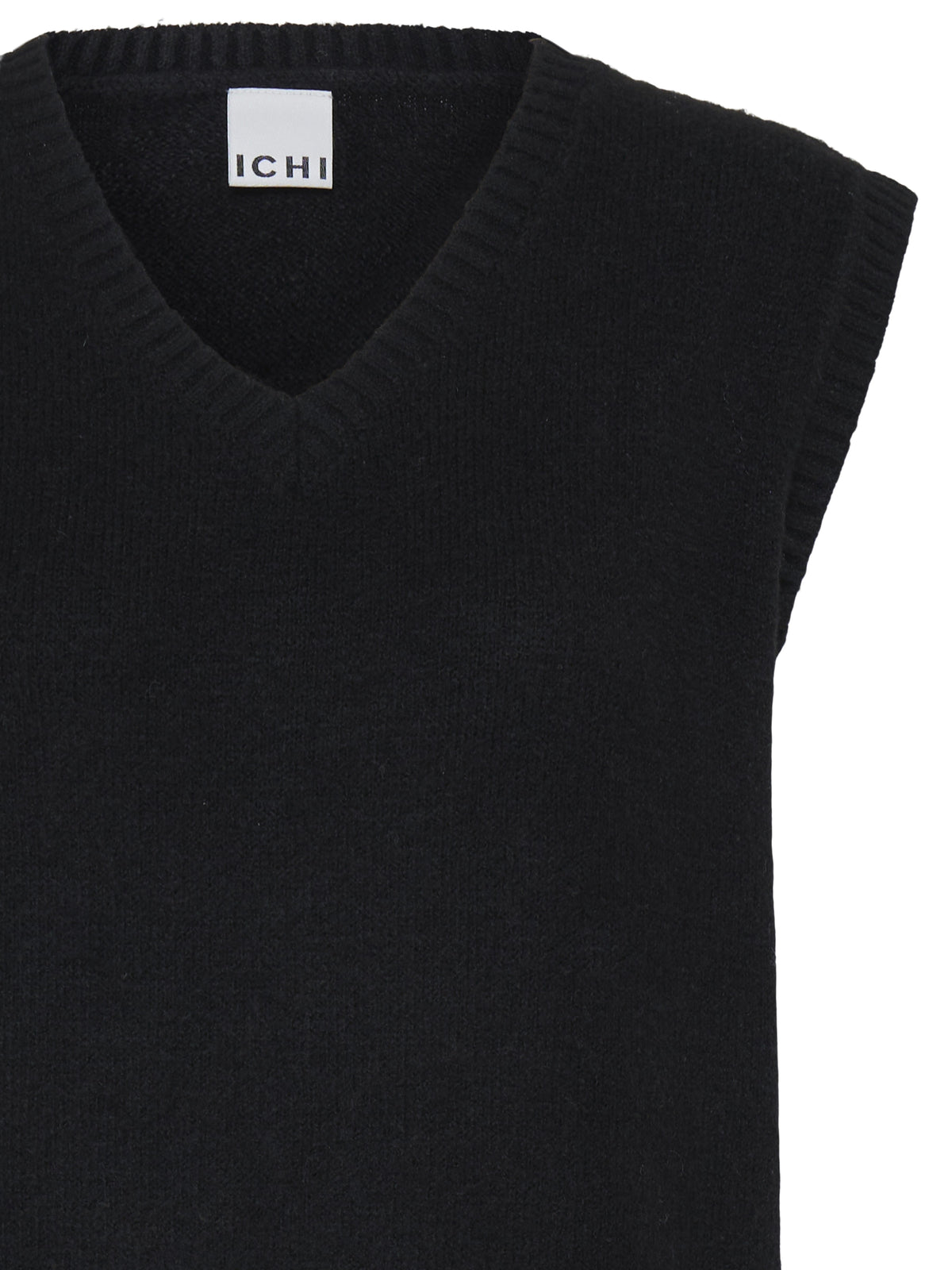 Black knitted sleeveless V-neck sweater top with ribbed edges and an ICHI label inside the neckline.