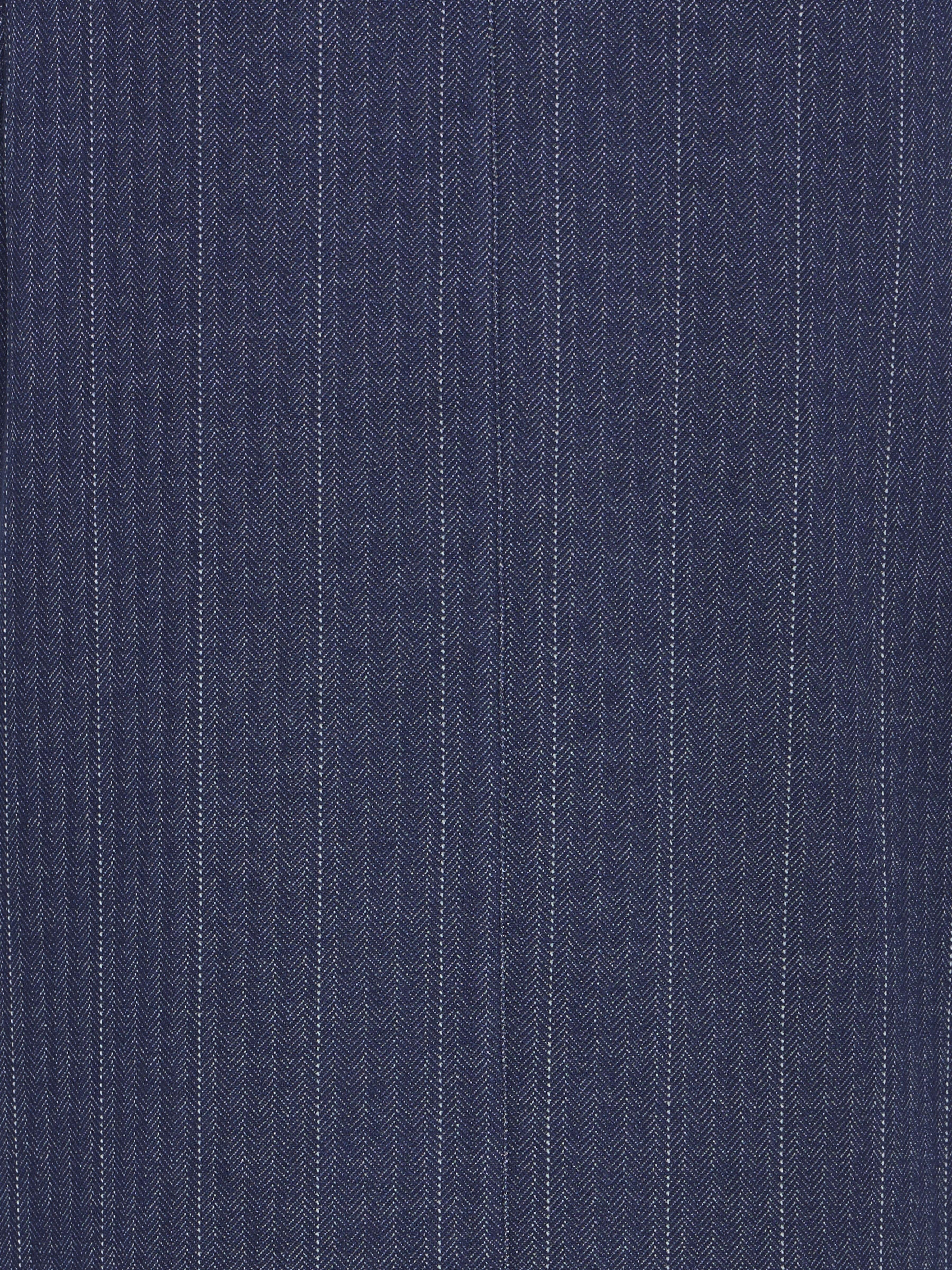 Close-up of blue fabric with herringbone pattern and subtle vertical pinstripes suitable for outerwear or jackets.
