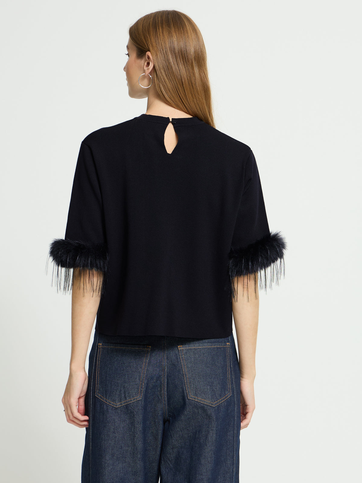 Ichi Dalise Fur & Fringe Short Sleeve Top