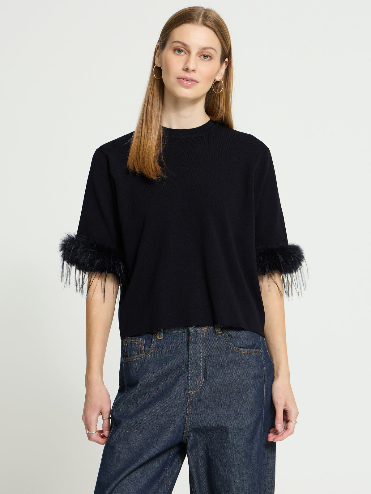 Ichi Dalise Fur & Fringe Short Sleeve Top