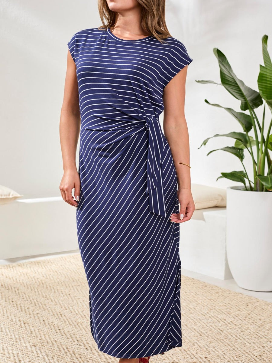Tribal Playful Striped Tie Maxi Dress in navy with white stripes, styled with a side tie, by Tribal Sportswear Inc.