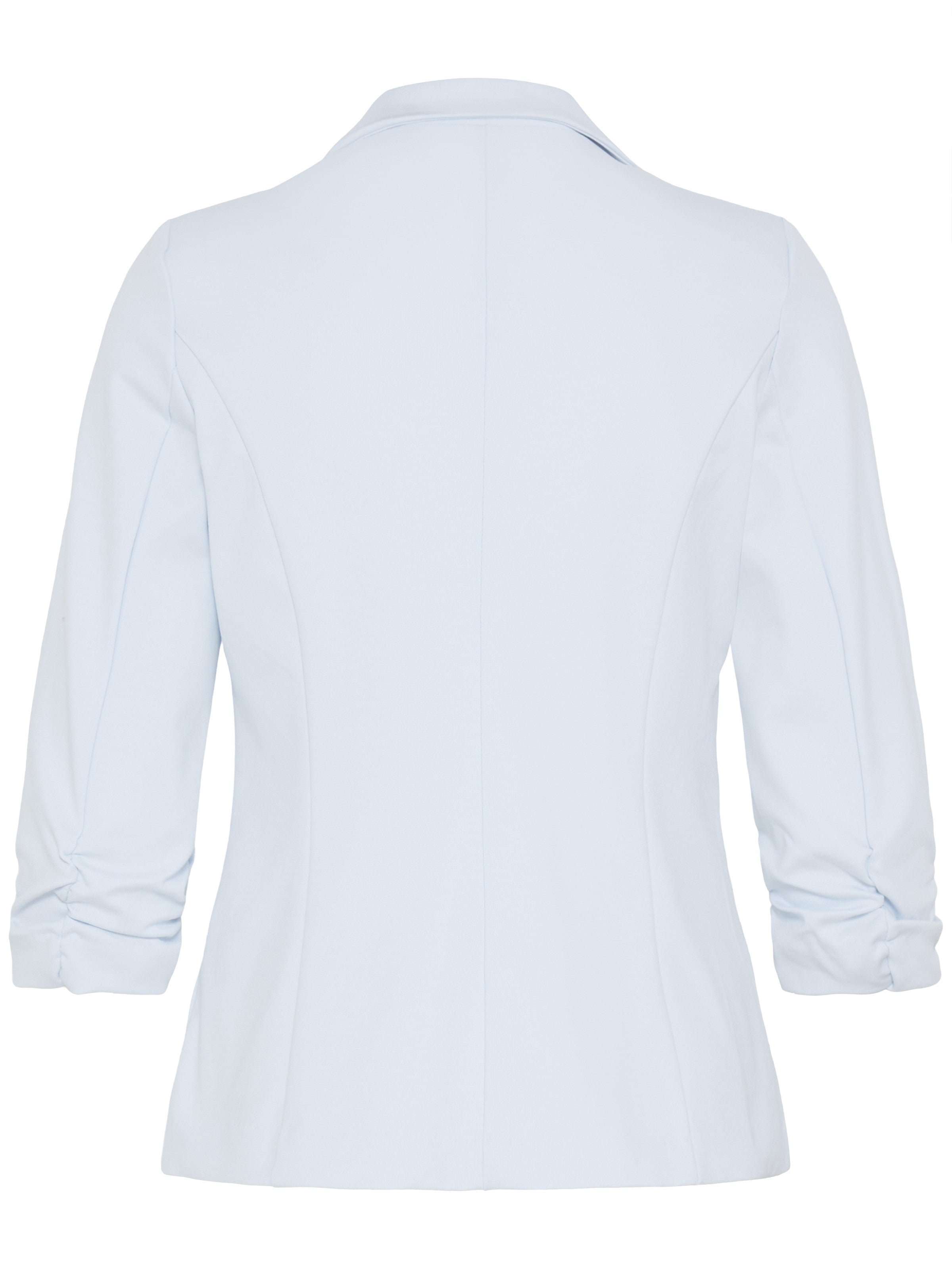 Fransa Gathered Sleeve Stretch Blazer in light blue with ruched sleeves, tailored fit, and soft stretch fabric by Fransa.
