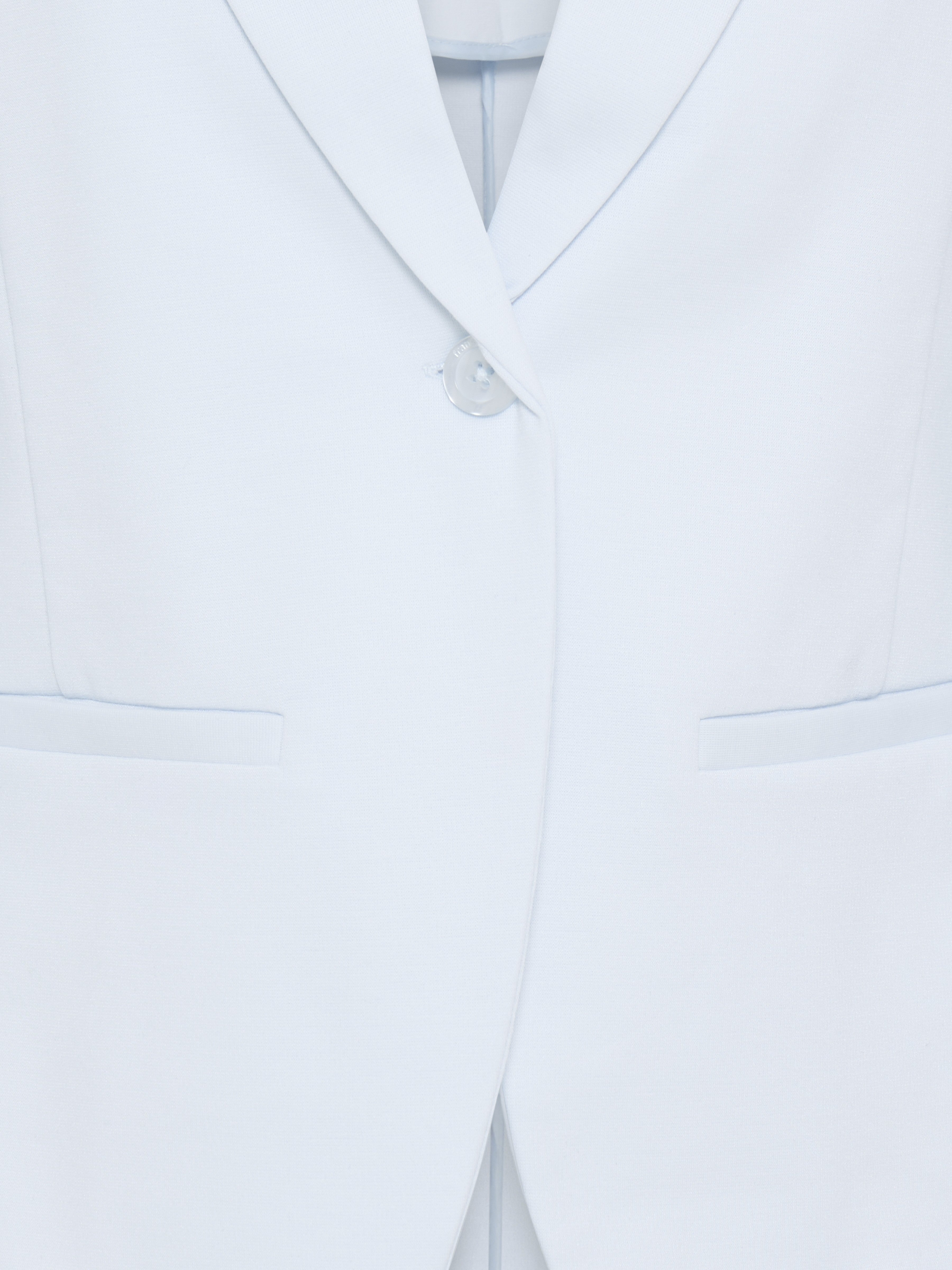 Close-up detail of the Fransa Gathered Sleeve Stretch Blazer in light blue fabric with button and pockets by Fransa.