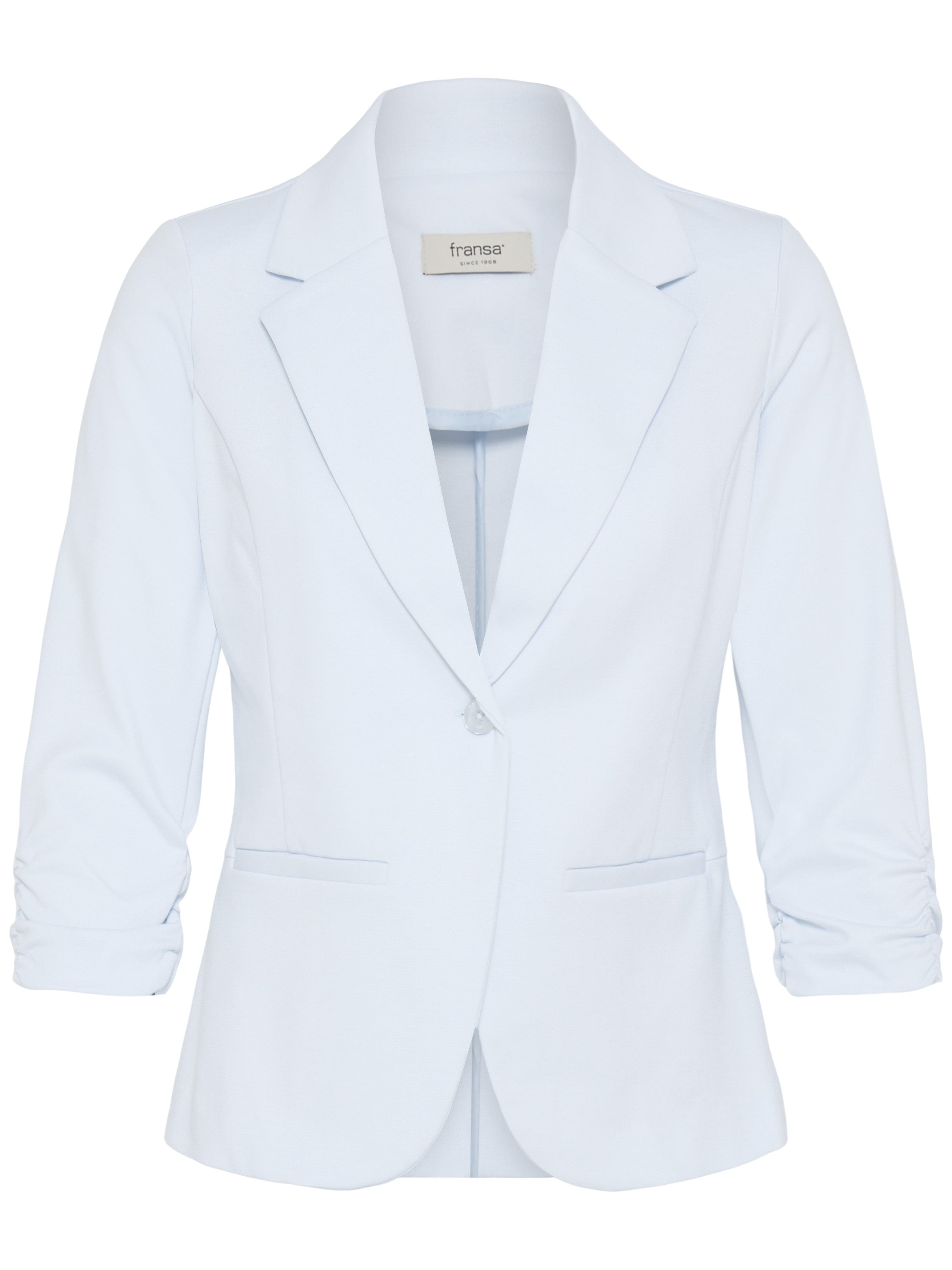 Fransa Gathered Sleeve Stretch Blazer in light blue with tailored lapels and ruched sleeves by Fransa outerwear collection
