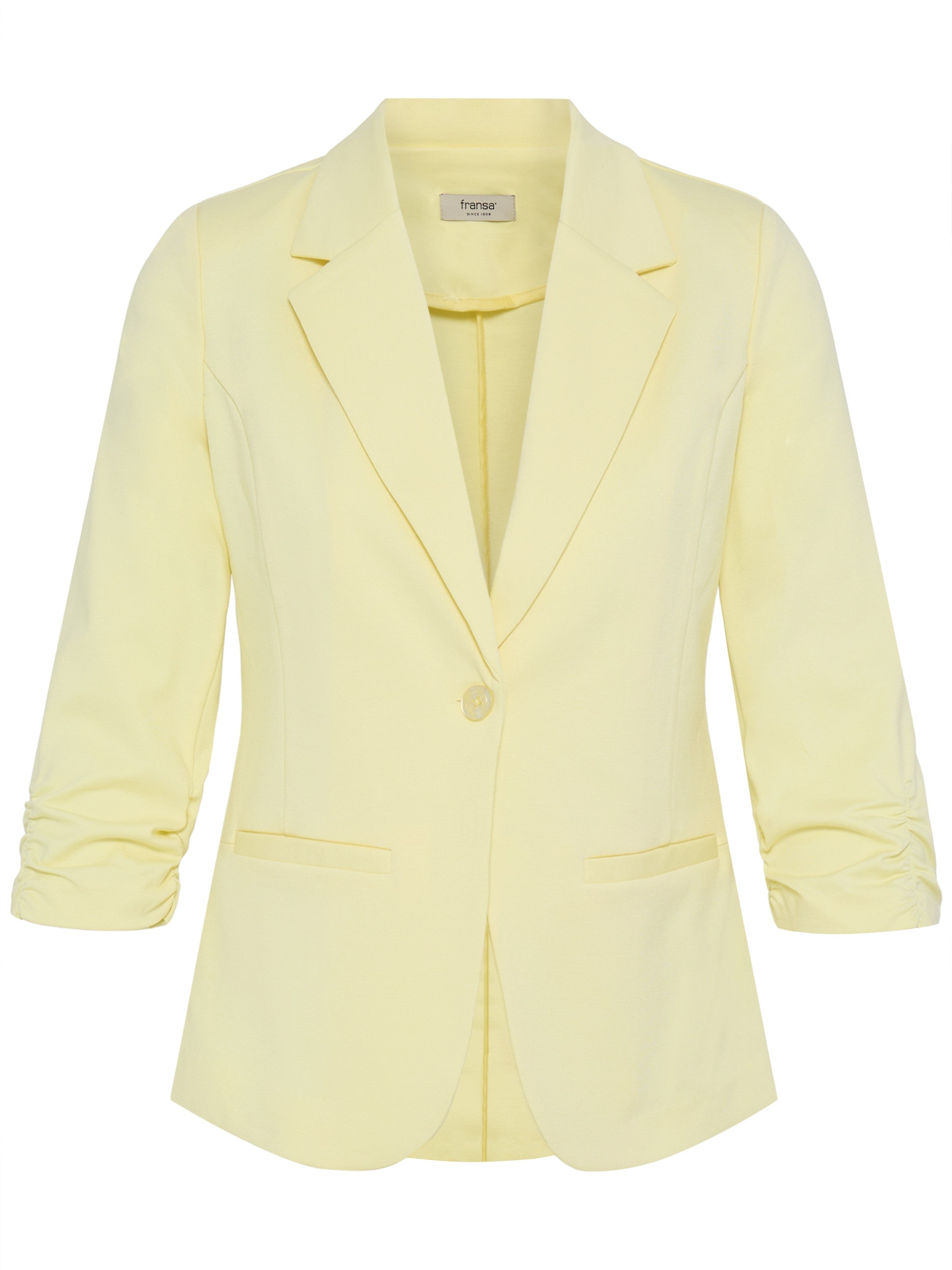 Fransa Gathered Sleeve Stretch Blazer in soft yellow with ruched sleeves, tailored fit, and single-button closure by Fransa.