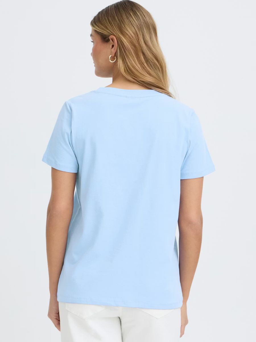 Light blue Fransa Shoulder Detail Short Sleeve Crew Neck T-Shirt shown from back with simple design and short sleeves
