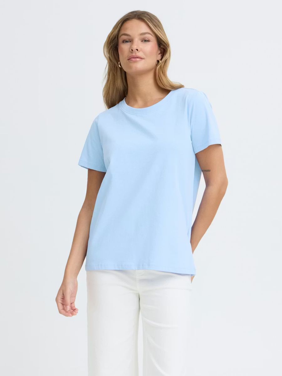 Light blue Fransa Shoulder Detail Short Sleeve Crew Neck T-Shirt paired with white pants in a casual look.