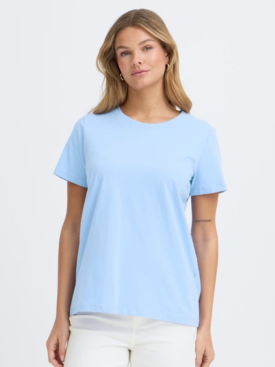 Fransa Shoulder Detail Short Sleeve Crew Neck T-Shirt in light blue, a casual top from Fransa collection.