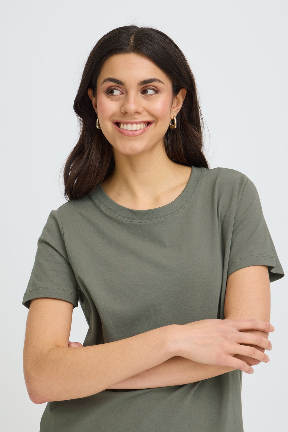Fransa Shoulder Detail Short Sleeve Crew Neck T-Shirt in olive green cotton top with subtle shoulder details