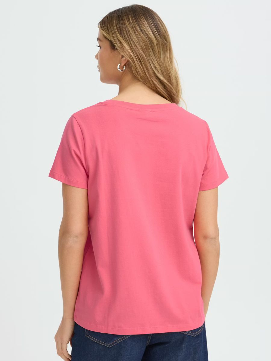 Back view of a pink Fransa Shoulder Detail Short Sleeve Crew Neck T-Shirt paired with dark denim jeans