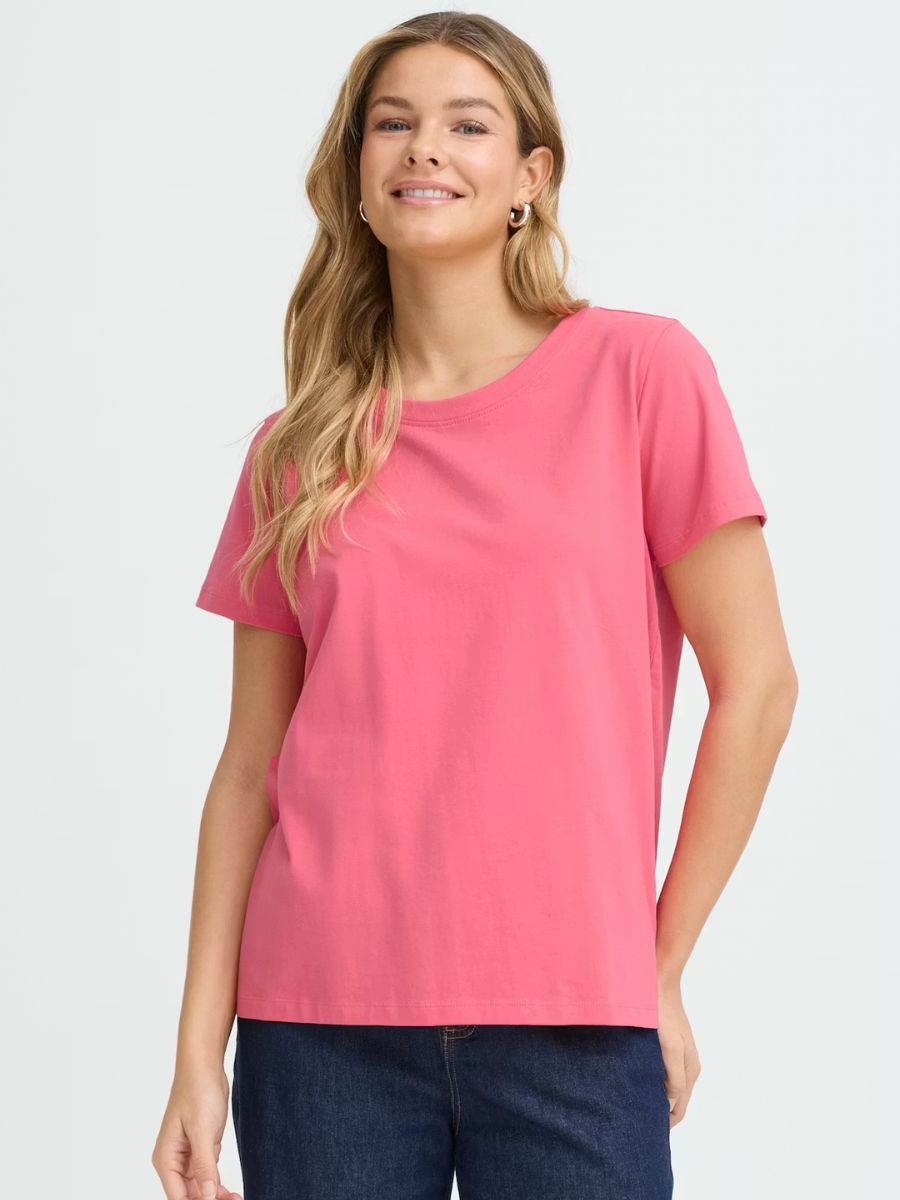 Fransa Shoulder Detail Short Sleeve Crew Neck T-Shirt in coral pink styled with dark denim for casual tops look