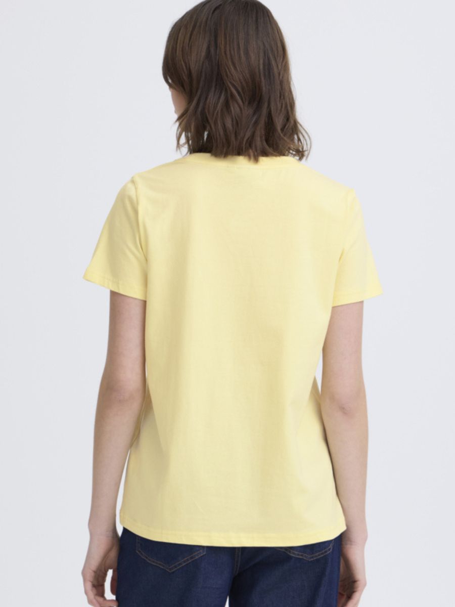 Back view of a yellow Fransa Shoulder Detail Short Sleeve Crew Neck T-Shirt in a soft cotton fabric by Fransa.